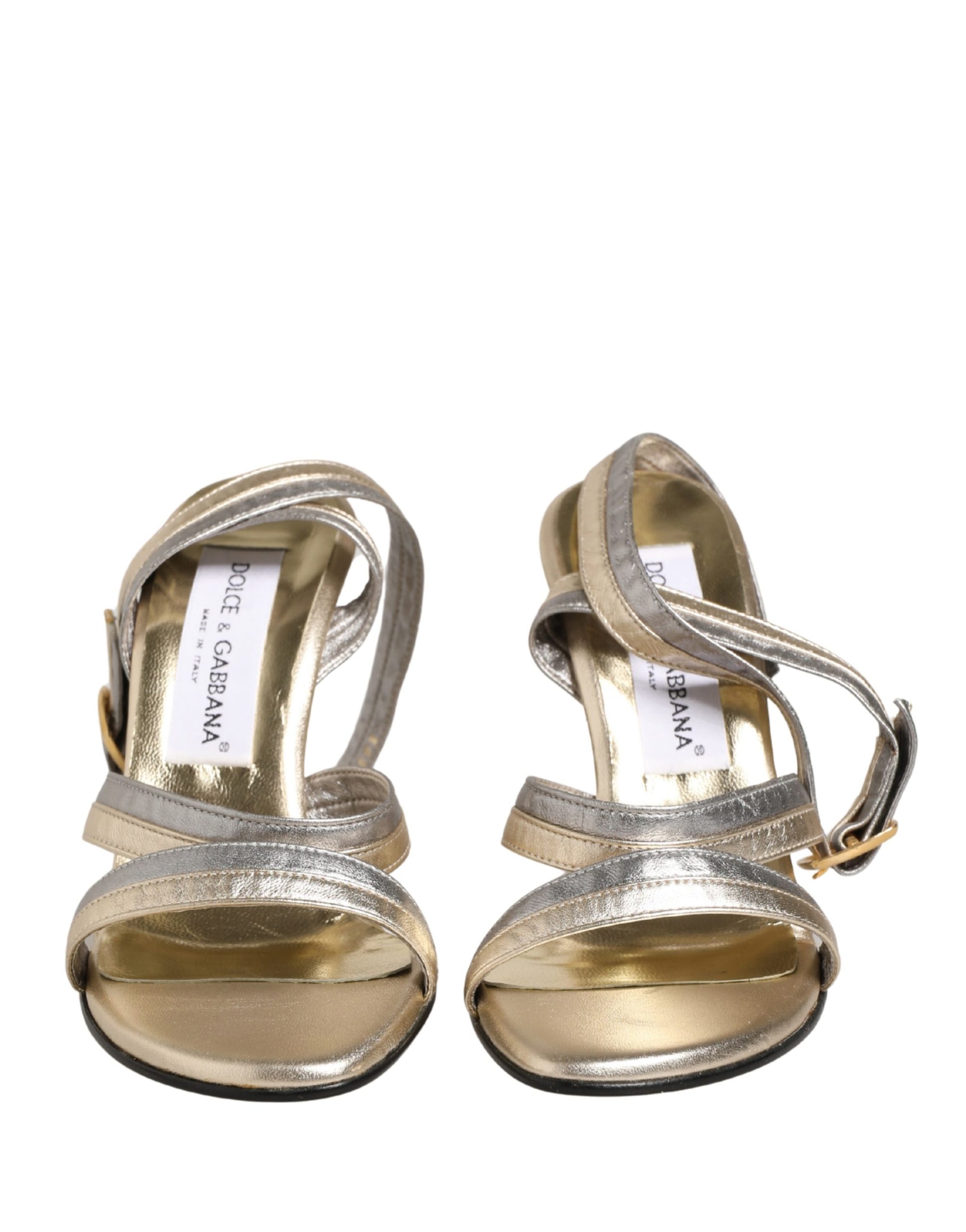 Dolce & Gabbana Gold Silver Leather Wedge Heels Sandals Shoes Curated Luxury Accessories by Orvyn