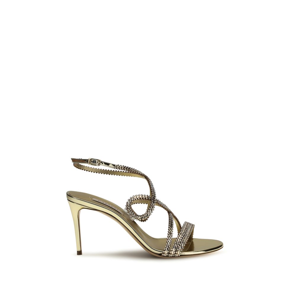 Casadei Gold Calf Leather Bos Taurus Stiletto Heel Sandals Curated Luxury Accessories by Orvyn