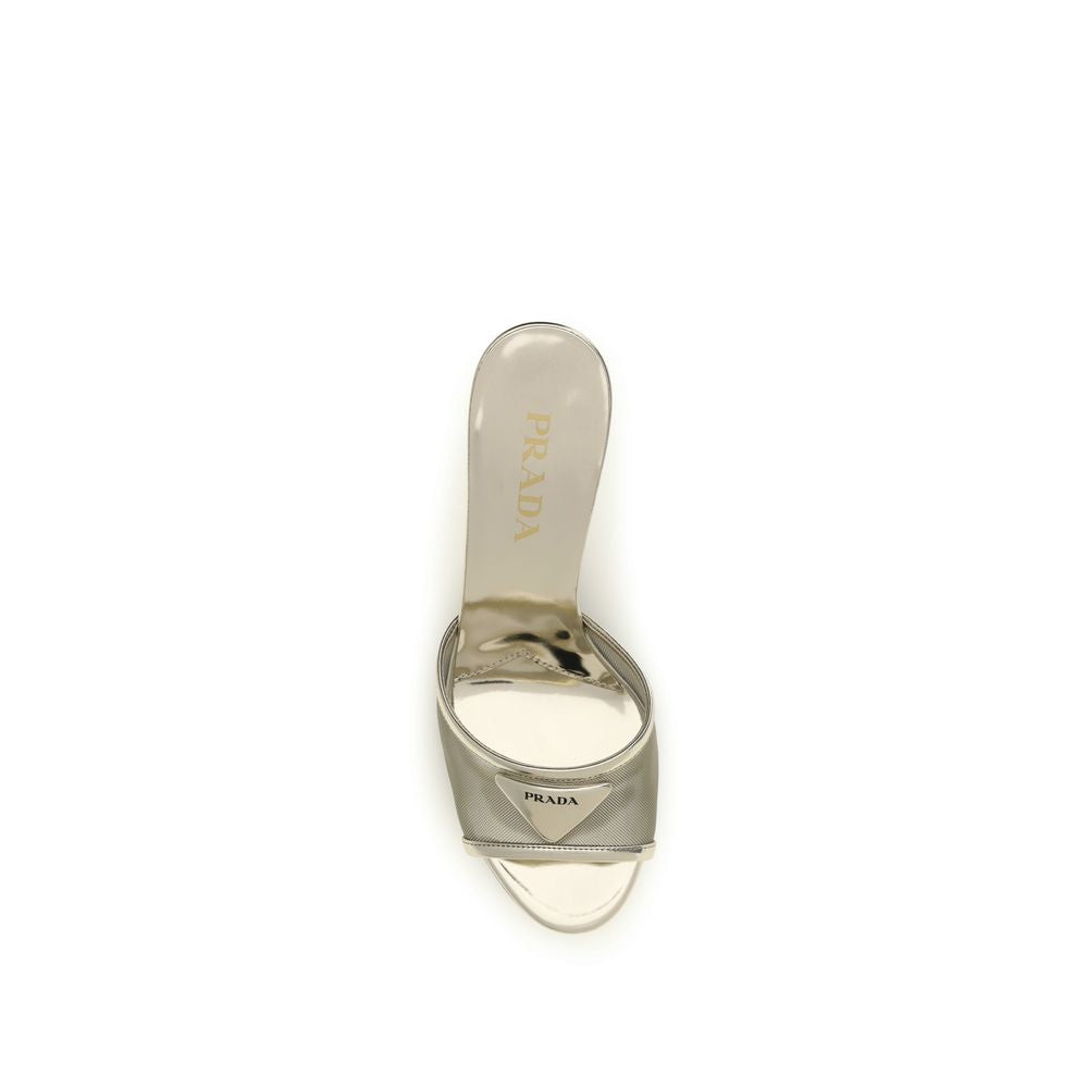 Prada Silver Calf Leather Bos Taurus Stiletto Heel Sandals Curated Luxury Accessories by Orvyn