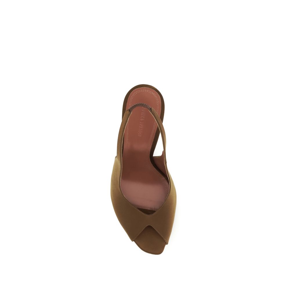 Amina Muaddi Brown Silk Stiletto Heel Sandals Curated Luxury Accessories by Orvyn