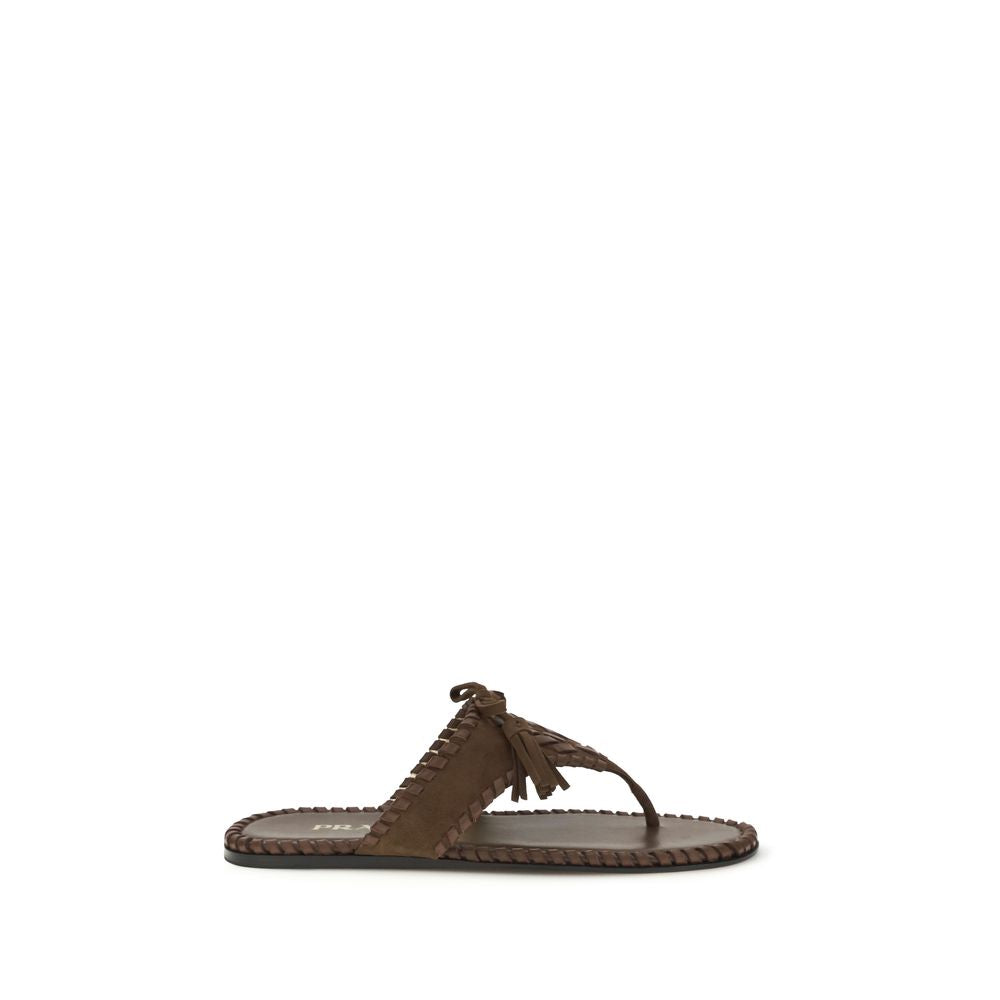 Prada Brown Calf Leather Bos Taurus Flat Sandals Curated Luxury Accessories by Orvyn
