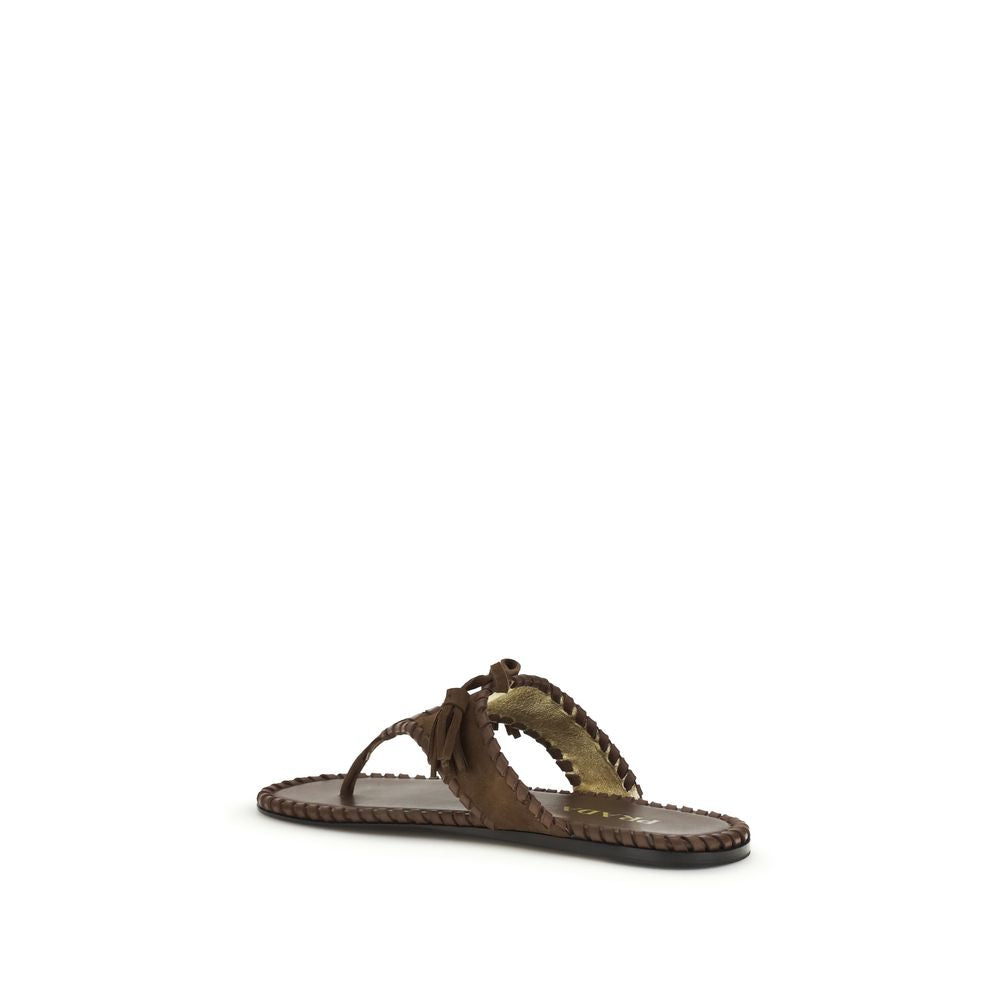 Prada Brown Calf Leather Bos Taurus Flat Sandals Curated Luxury Accessories by Orvyn