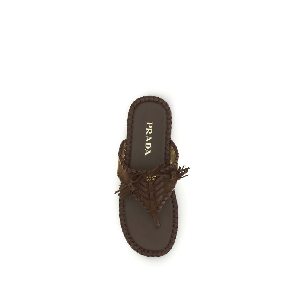 Prada Brown Calf Leather Bos Taurus Flat Sandals Curated Luxury Accessories by Orvyn