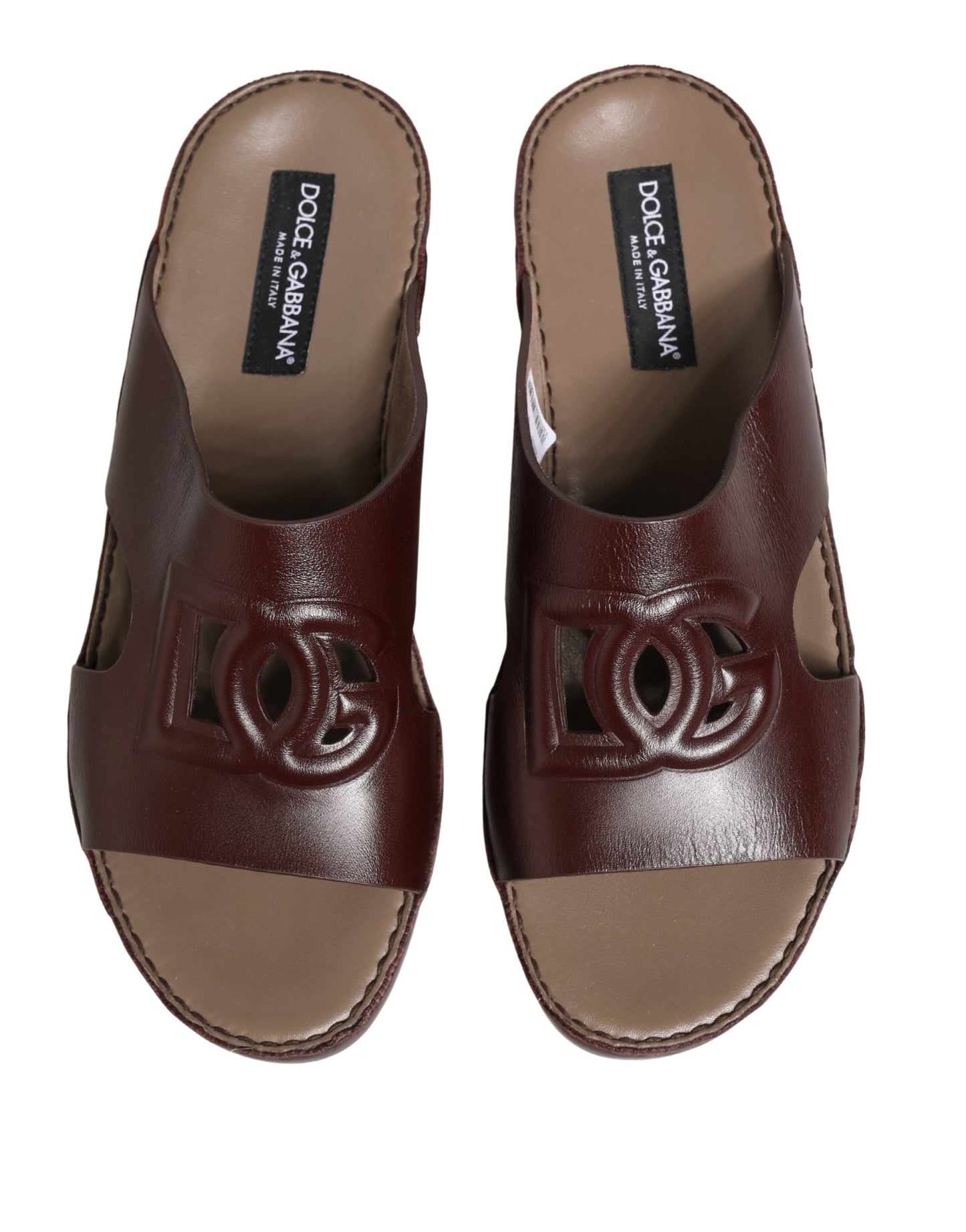 Dolce & Gabbana Maroon Leather Cutout DG Logo Sandals Shoes Curated Luxury Accessories by Orvyn