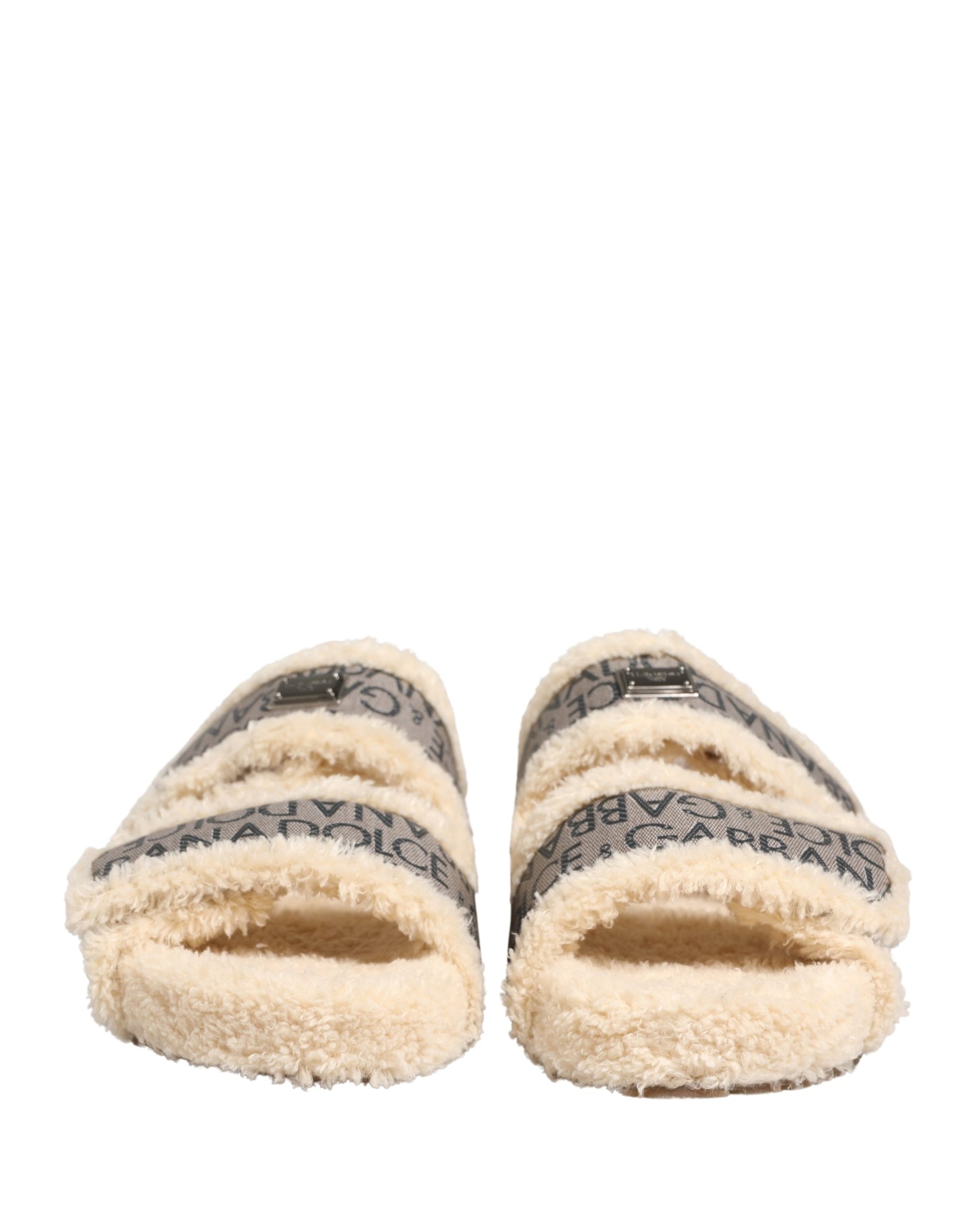 Dolce & Gabbana Beige Faux Fur Logo Print Flats Sandals Shoes Curated Luxury Accessories by Orvyn