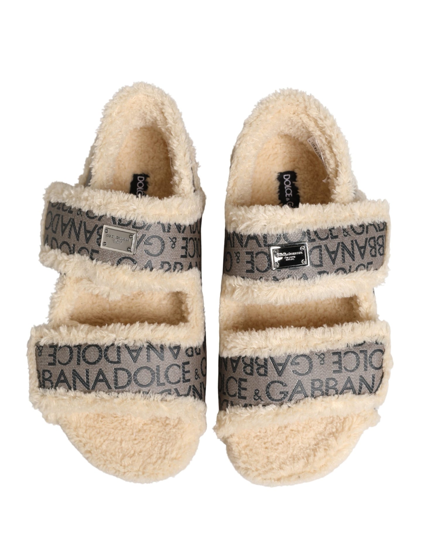 Dolce & Gabbana Beige Faux Fur Logo Print Flats Sandals Shoes Curated Luxury Accessories by Orvyn