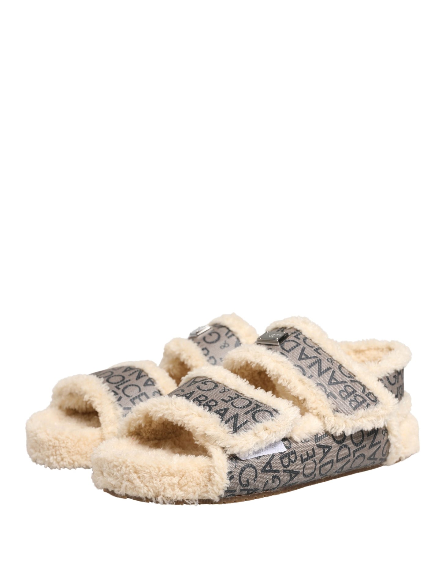 Dolce & Gabbana Beige Faux Fur Logo Print Flats Sandals Shoes Curated Luxury Accessories by Orvyn