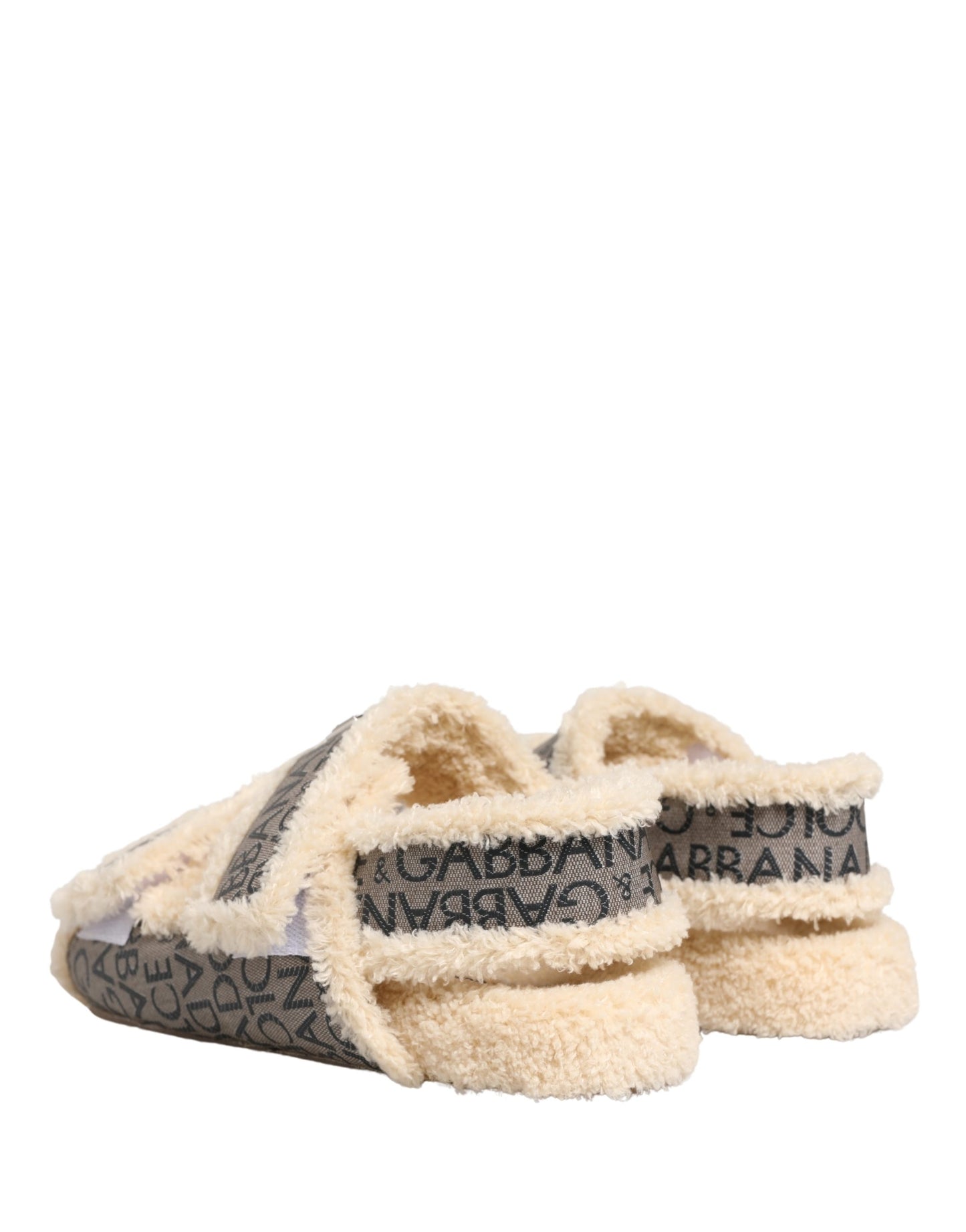 Dolce & Gabbana Beige Faux Fur Logo Print Flats Sandals Shoes Curated Luxury Accessories by Orvyn