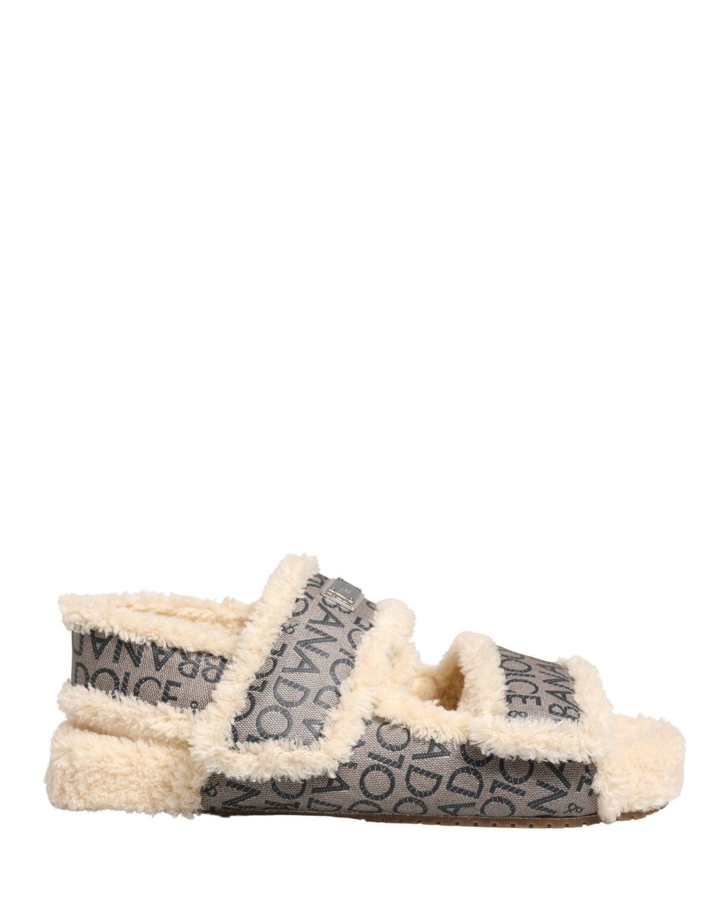 Dolce & Gabbana Beige Faux Fur Logo Print Flats Sandals Shoes Curated Luxury Accessories by Orvyn