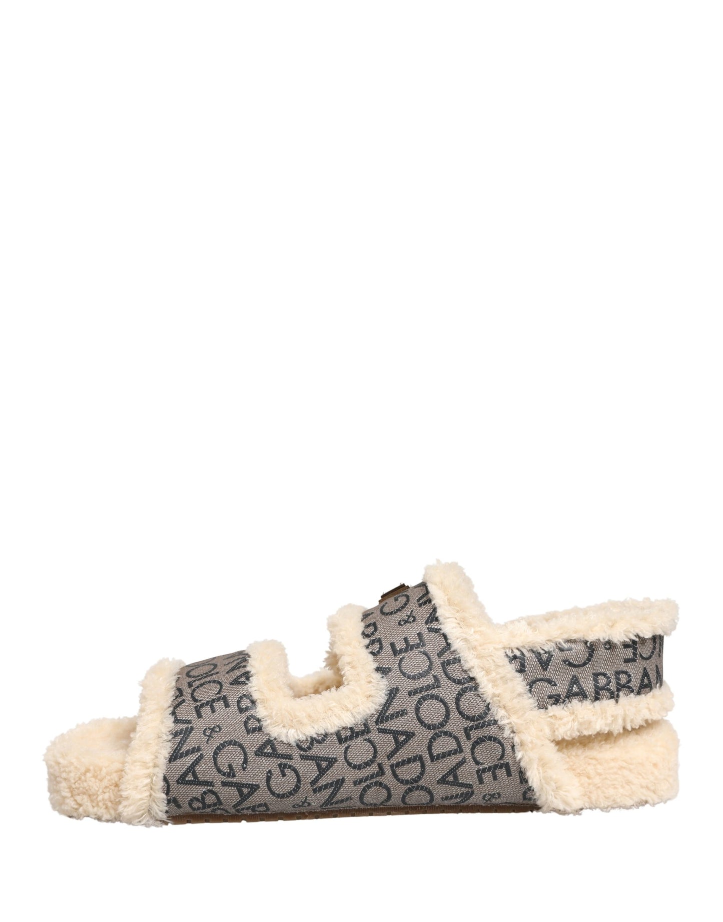 Dolce & Gabbana Beige Faux Fur Logo Print Flats Sandals Shoes Curated Luxury Accessories by Orvyn