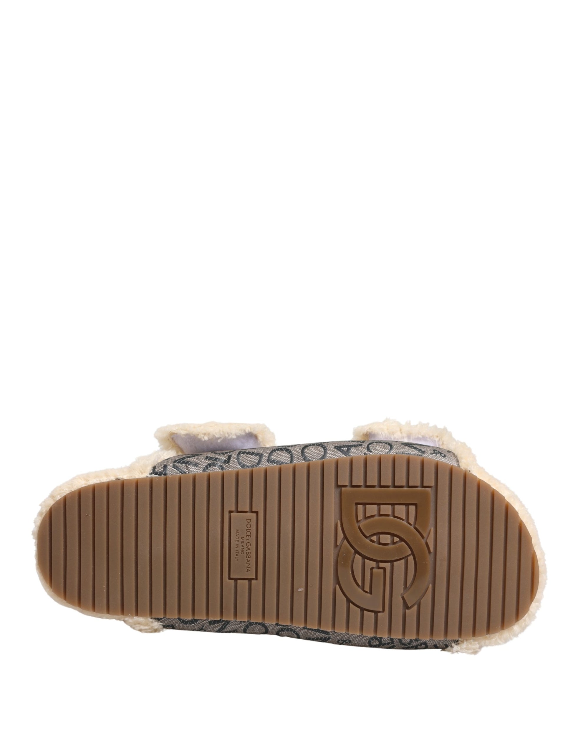 Dolce & Gabbana Beige Faux Fur Logo Print Flats Sandals Shoes Curated Luxury Accessories by Orvyn
