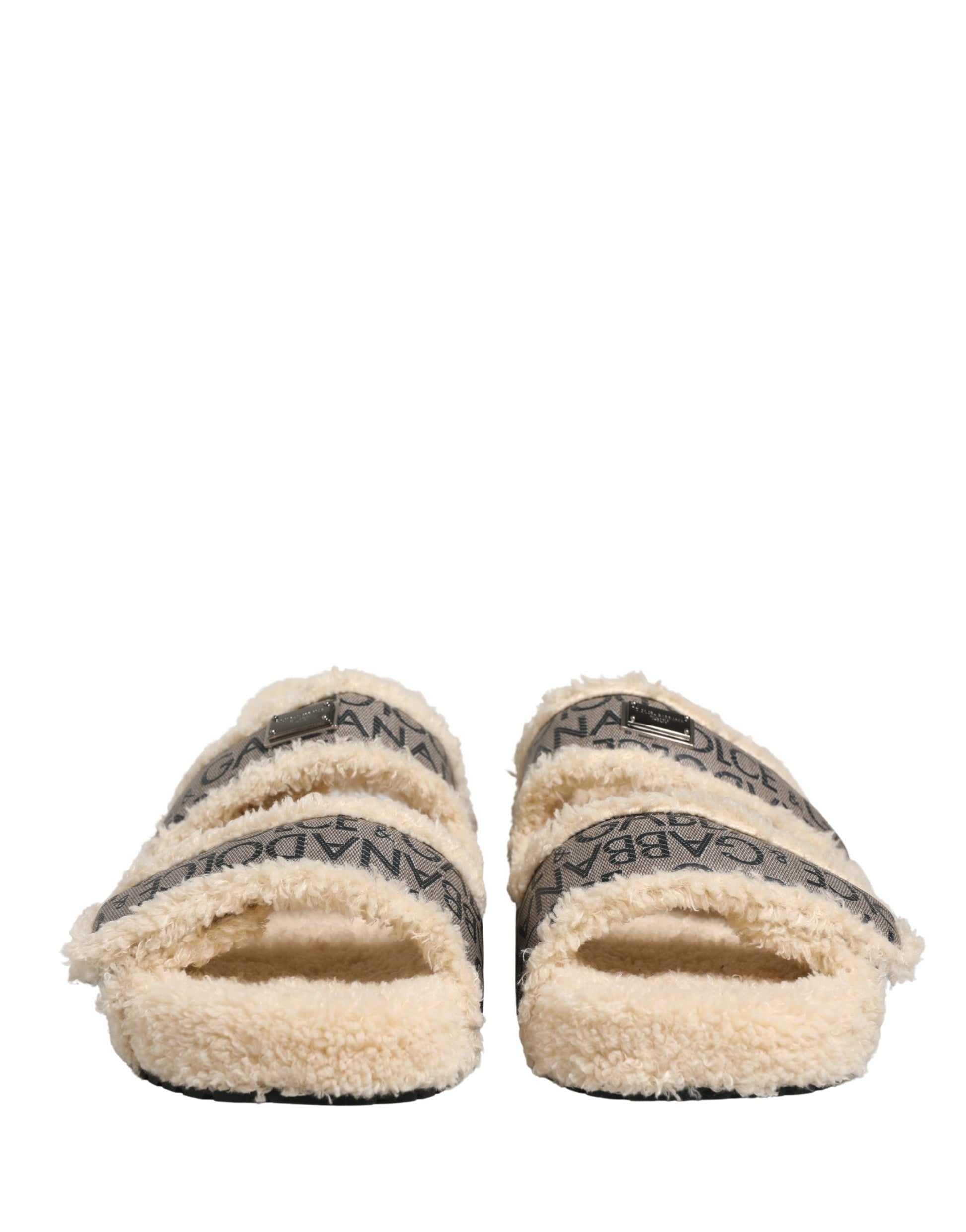 Dolce & Gabbana Beige Faux Fur Logo Print Flats Sandals Shoes Curated Luxury Accessories by Orvyn