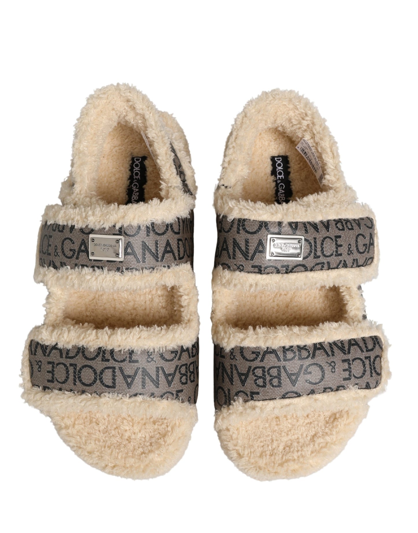 Dolce & Gabbana Beige Faux Fur Logo Print Flats Sandals Shoes Curated Luxury Accessories by Orvyn