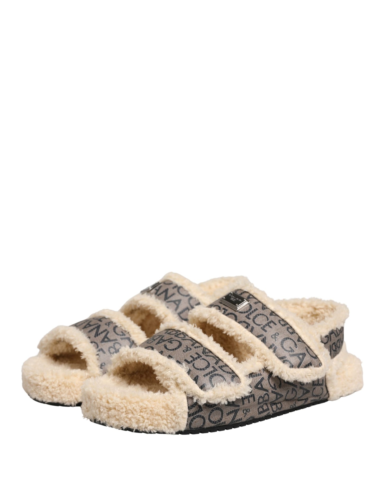 Dolce & Gabbana Beige Faux Fur Logo Print Flats Sandals Shoes Curated Luxury Accessories by Orvyn