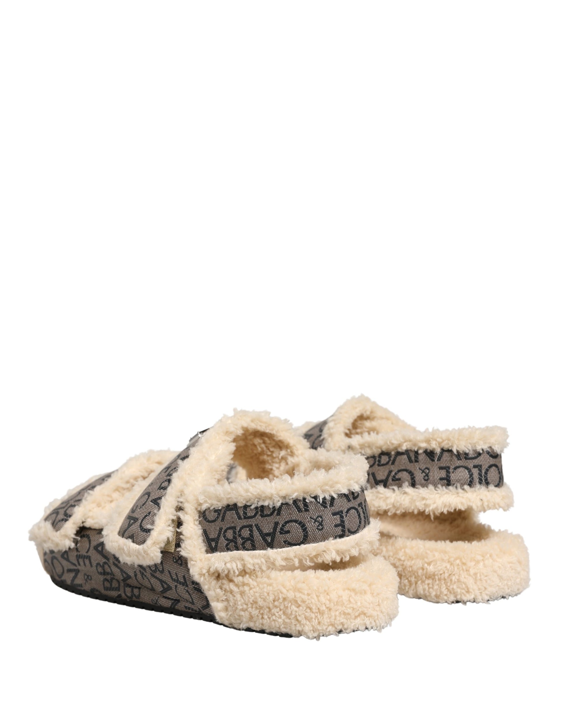 Dolce & Gabbana Beige Faux Fur Logo Print Flats Sandals Shoes Curated Luxury Accessories by Orvyn