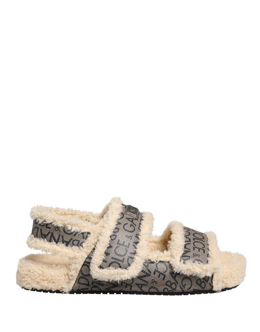 Dolce & Gabbana Beige Faux Fur Logo Print Flats Sandals Shoes Curated Luxury Accessories by Orvyn