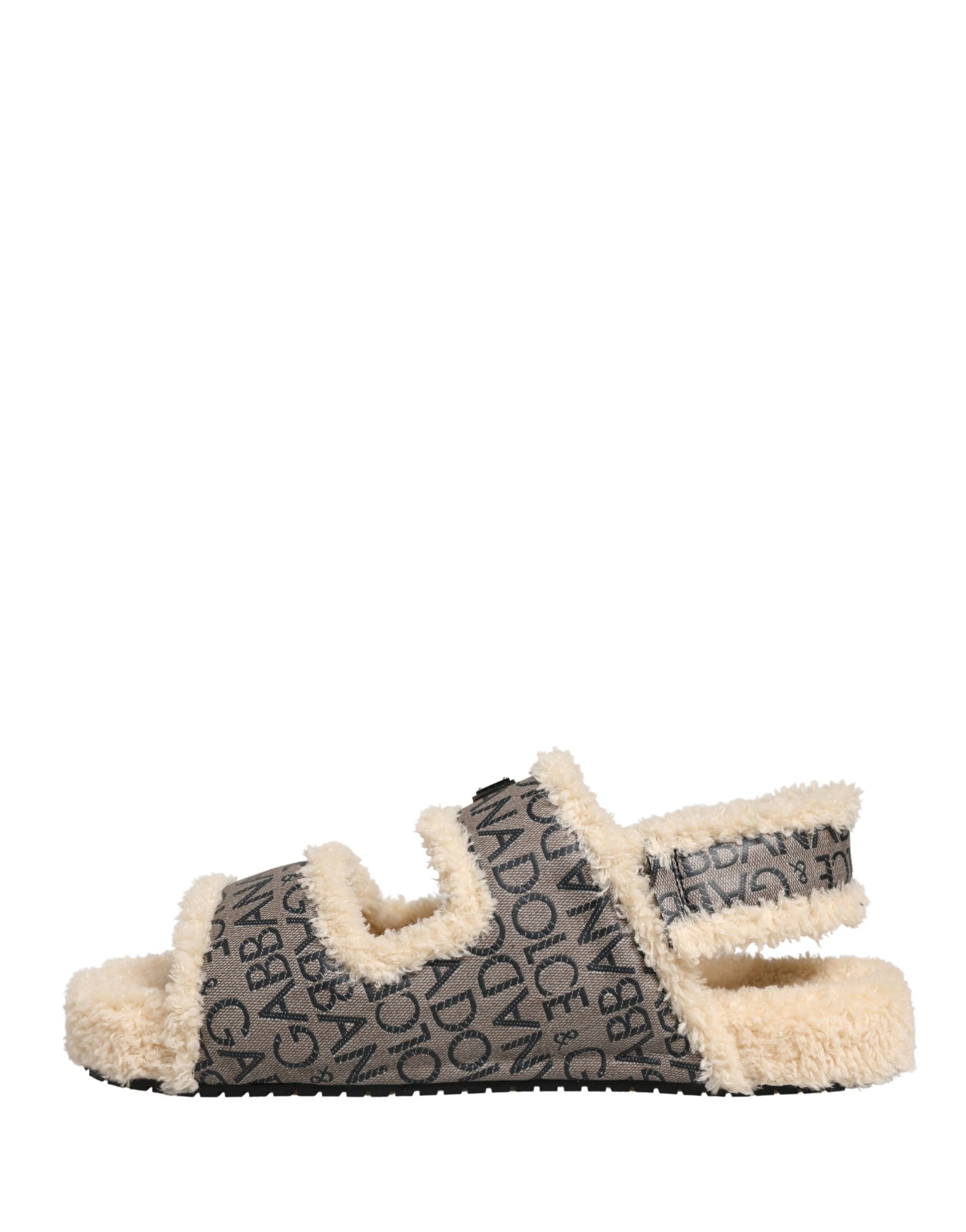 Dolce & Gabbana Beige Faux Fur Logo Print Flats Sandals Shoes Curated Luxury Accessories by Orvyn