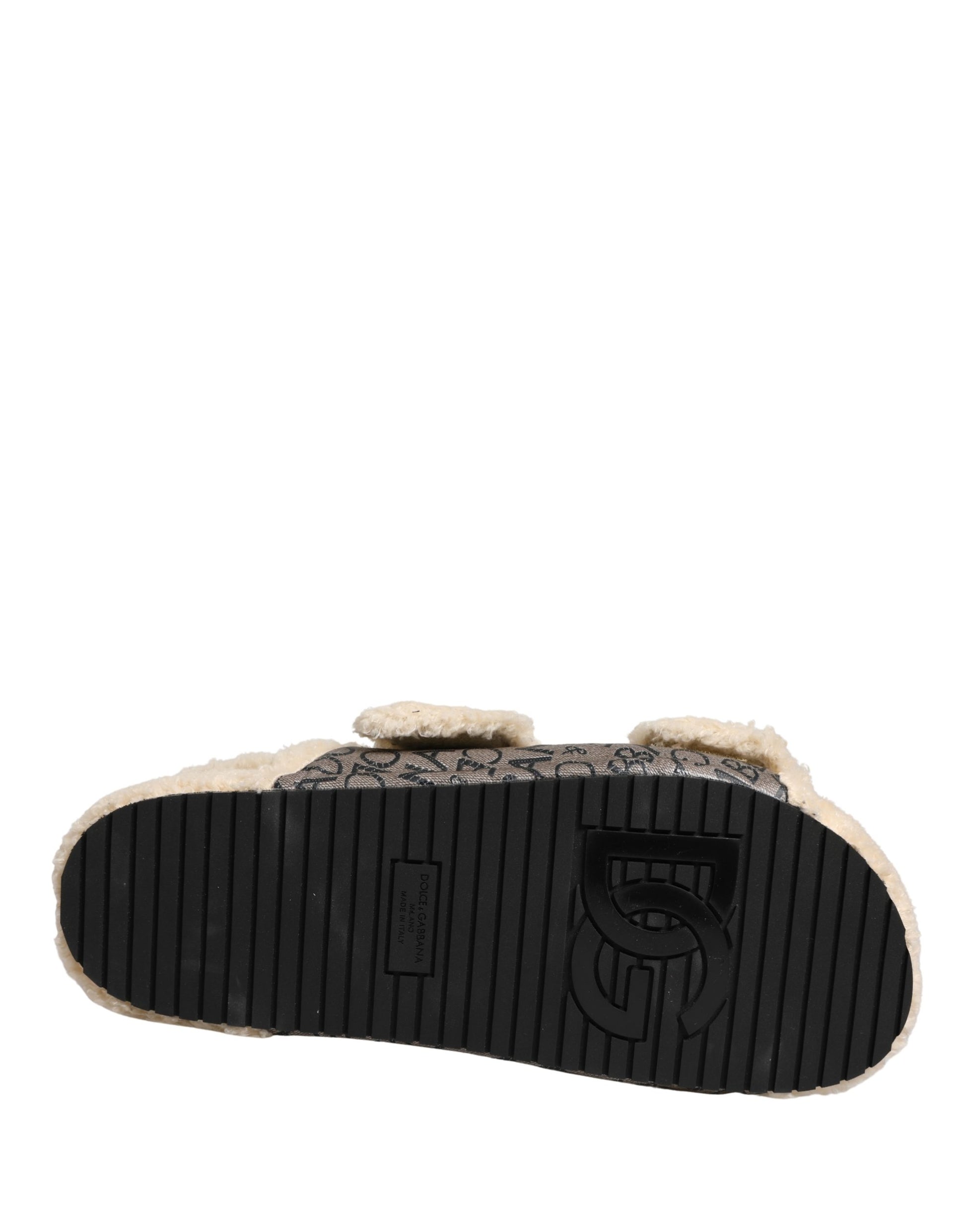 Dolce & Gabbana Beige Faux Fur Logo Print Flats Sandals Shoes Curated Luxury Accessories by Orvyn