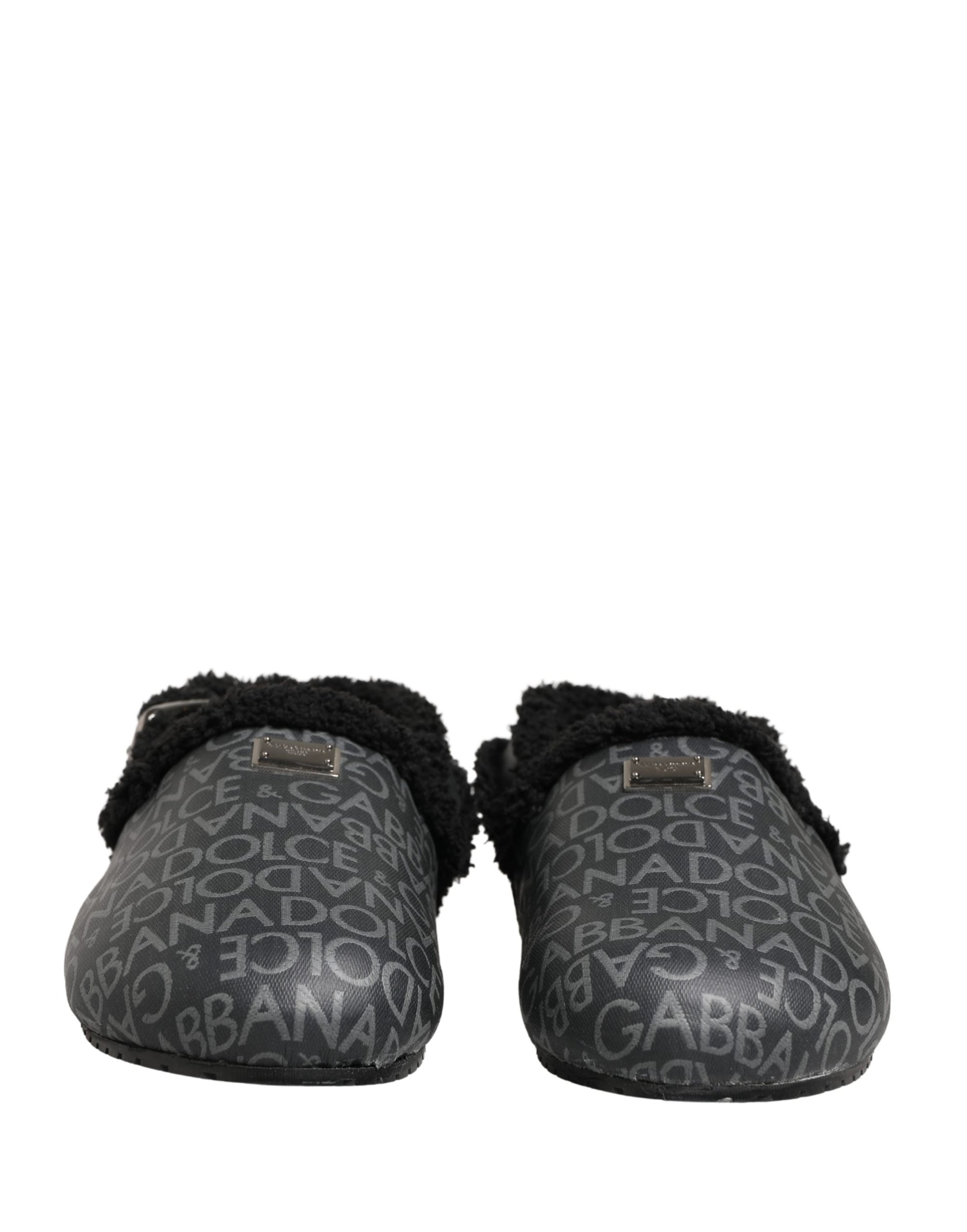Dolce & Gabbana Gray Faux Fur Jacquard Mules Sandals Shoes Curated Luxury Accessories by Orvyn