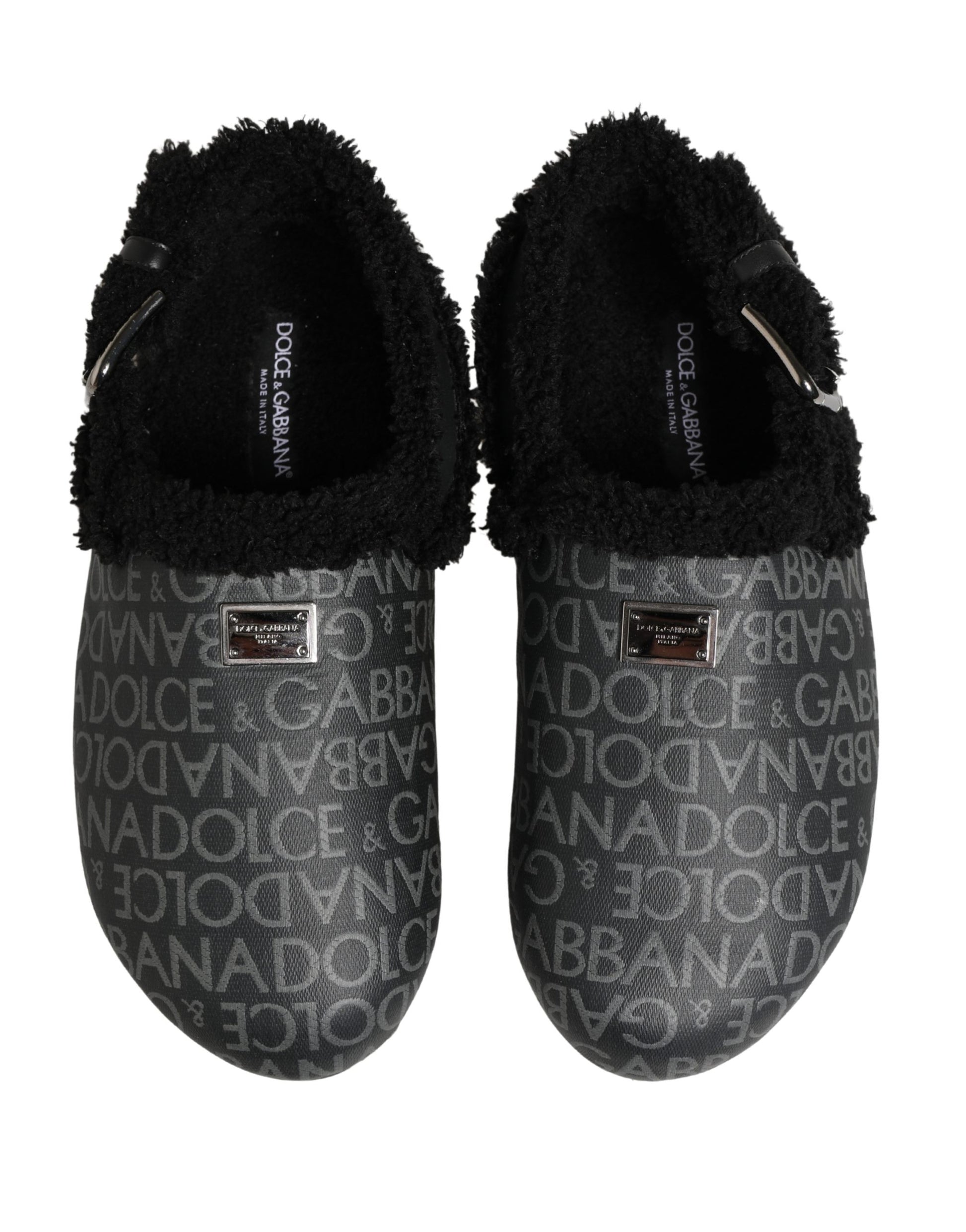 Dolce & Gabbana Gray Faux Fur Jacquard Mules Sandals Shoes Curated Luxury Accessories by Orvyn