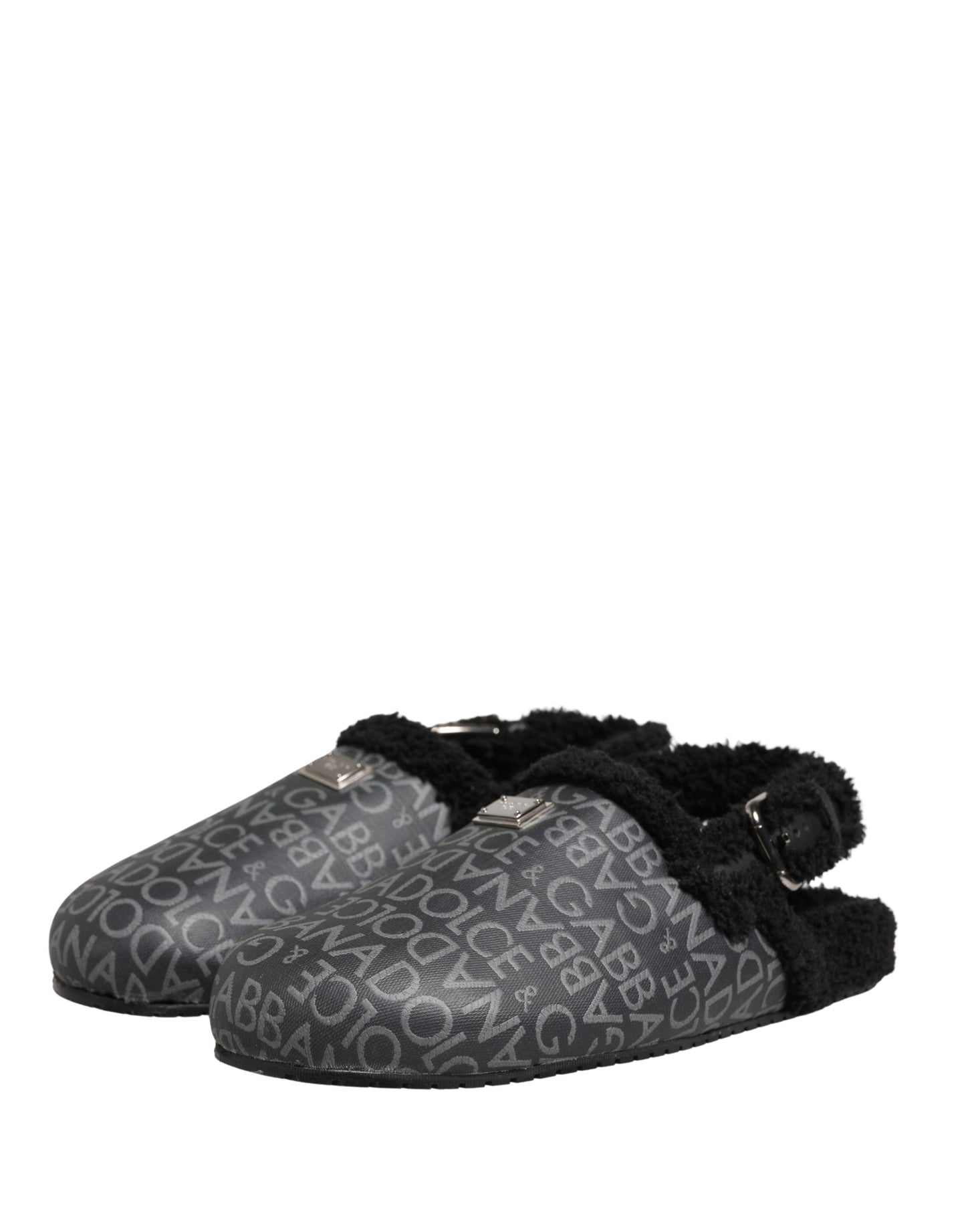 Dolce & Gabbana Gray Faux Fur Jacquard Mules Sandals Shoes Curated Luxury Accessories by Orvyn
