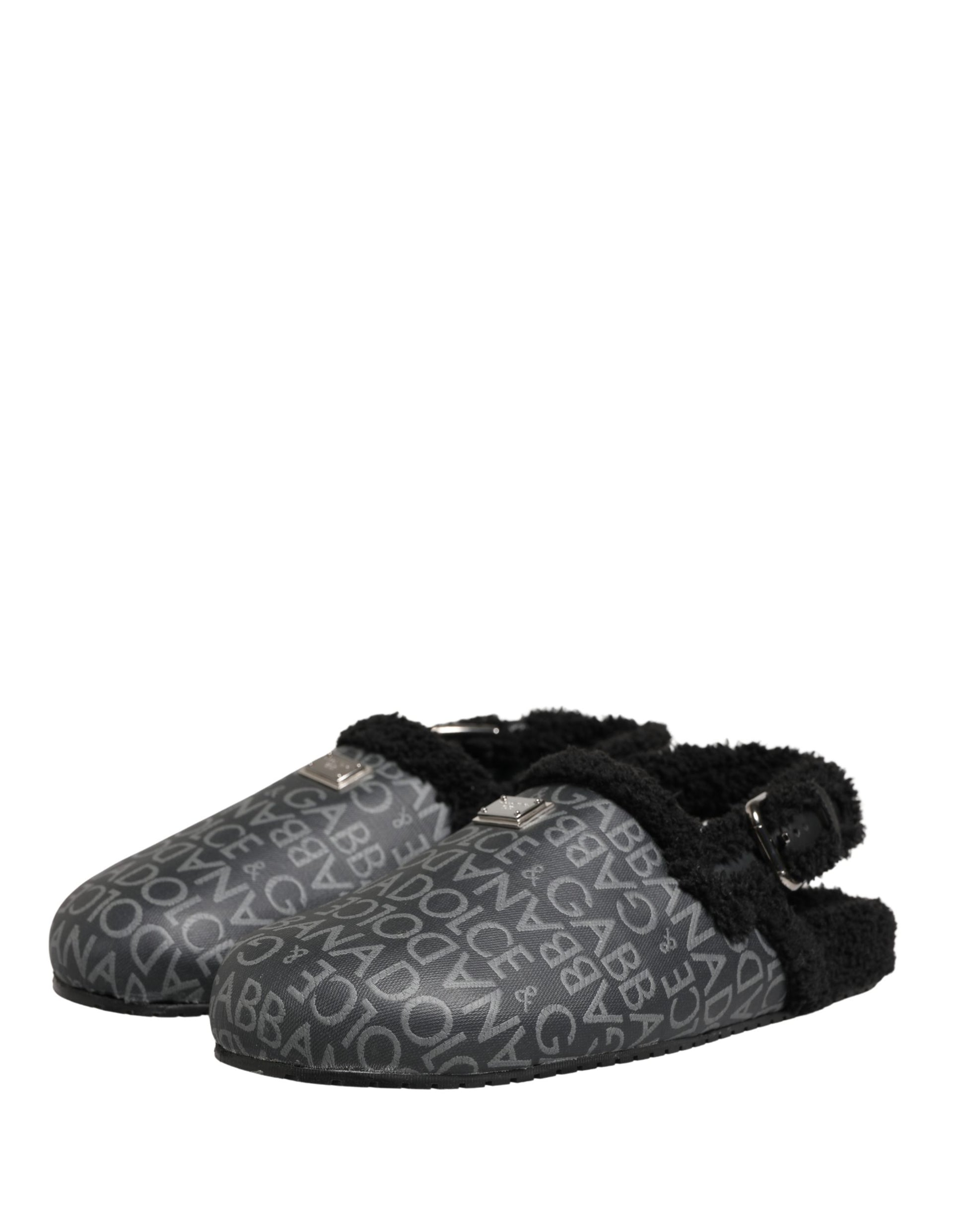 Dolce & Gabbana Gray Faux Fur Jacquard Mules Sandals Shoes Curated Luxury Accessories by Orvyn