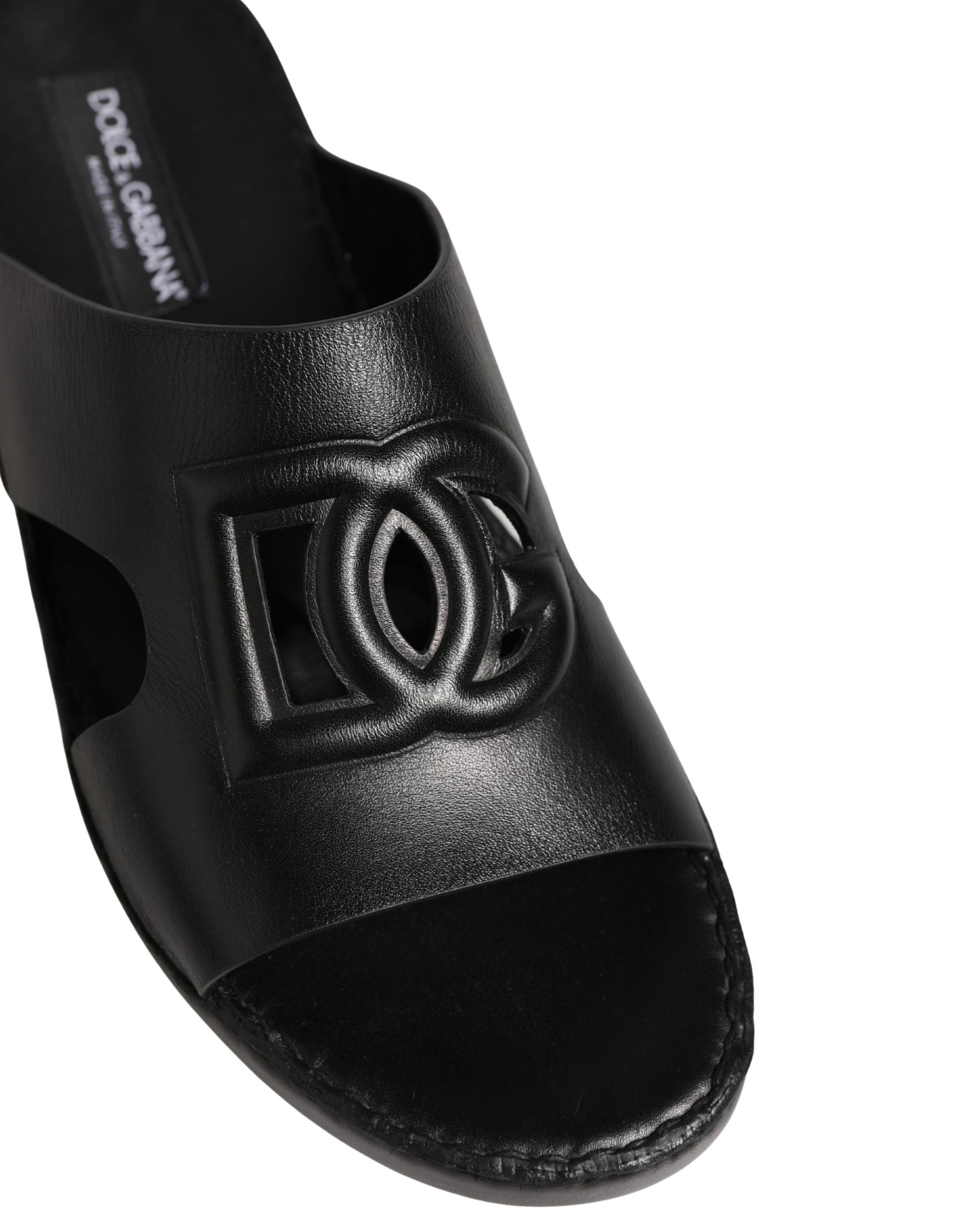 Dolce & Gabbana Black Leather Cutout DG Logo Sandals Shoes Curated Luxury Accessories by Orvyn
