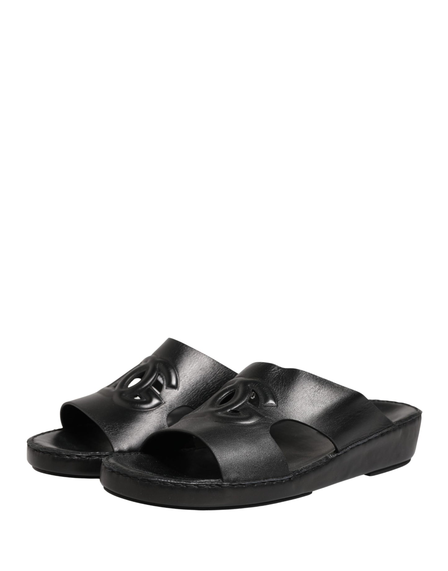 Dolce & Gabbana Black Leather Cutout DG Logo Sandals Shoes Curated Luxury Accessories by Orvyn