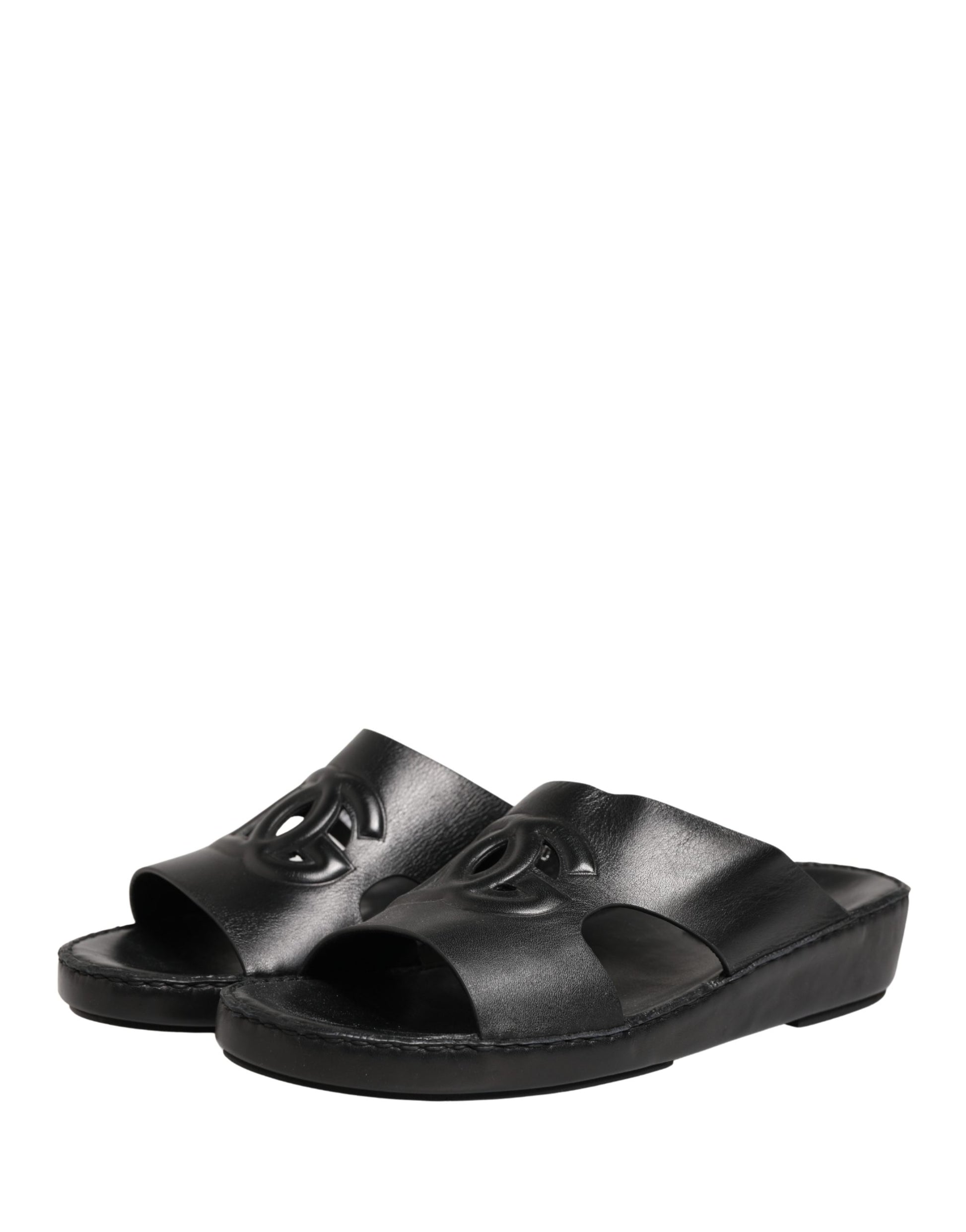 Dolce & Gabbana Black Leather Cutout DG Logo Sandals Shoes Curated Luxury Accessories by Orvyn