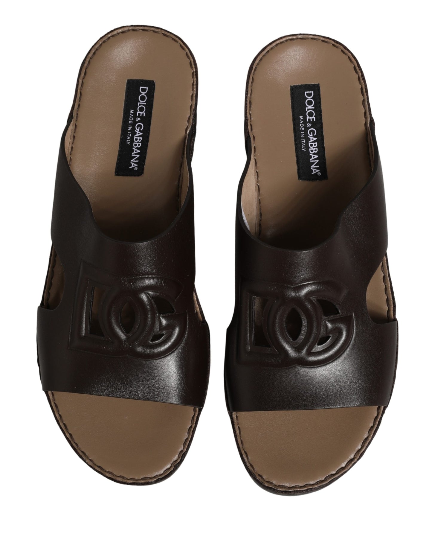 Dolce & Gabbana Brown Leather Cutout DG Logo Sandals Shoes Curated Luxury Accessories by Orvyn