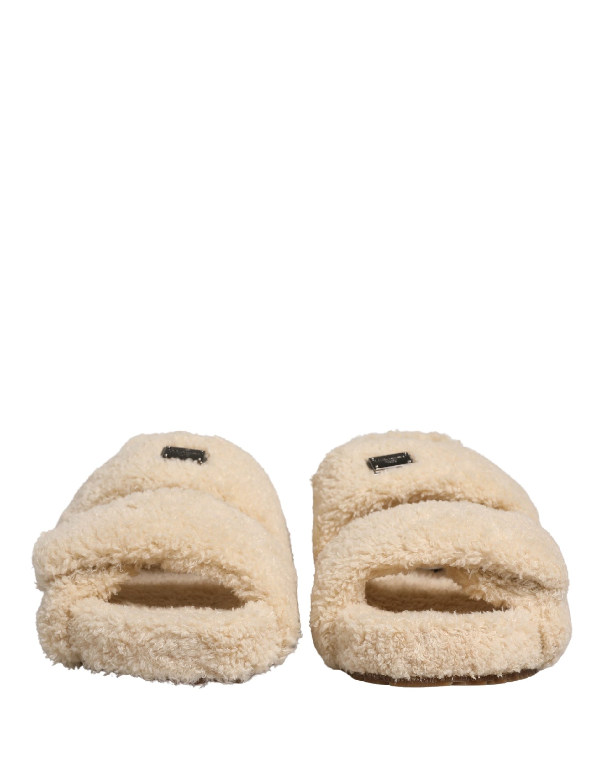 Dolce & Gabbana Beige Faux Fur Slides Men Flats Sandals Shoes Curated Luxury Accessories by Orvyn