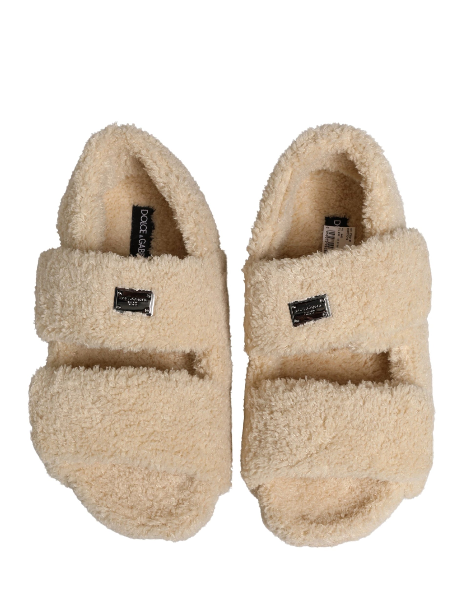 Dolce & Gabbana Beige Faux Fur Slides Men Flats Sandals Shoes Curated Luxury Accessories by Orvyn