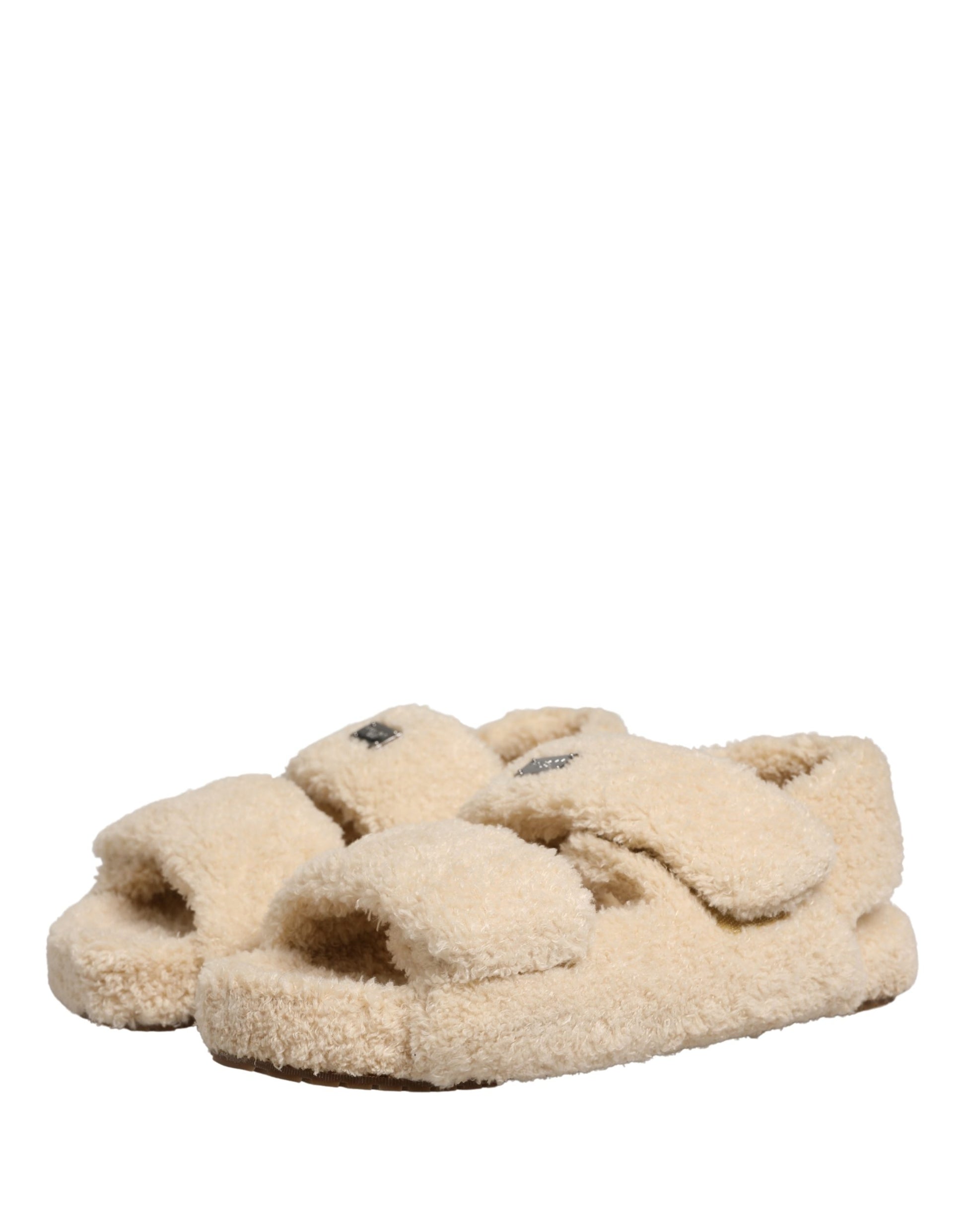 Dolce & Gabbana Beige Faux Fur Slides Men Flats Sandals Shoes Curated Luxury Accessories by Orvyn