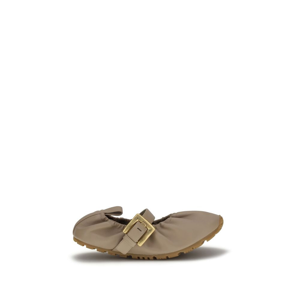 Balmain Beige Buckle Strap Ballerinas Mini Flats
