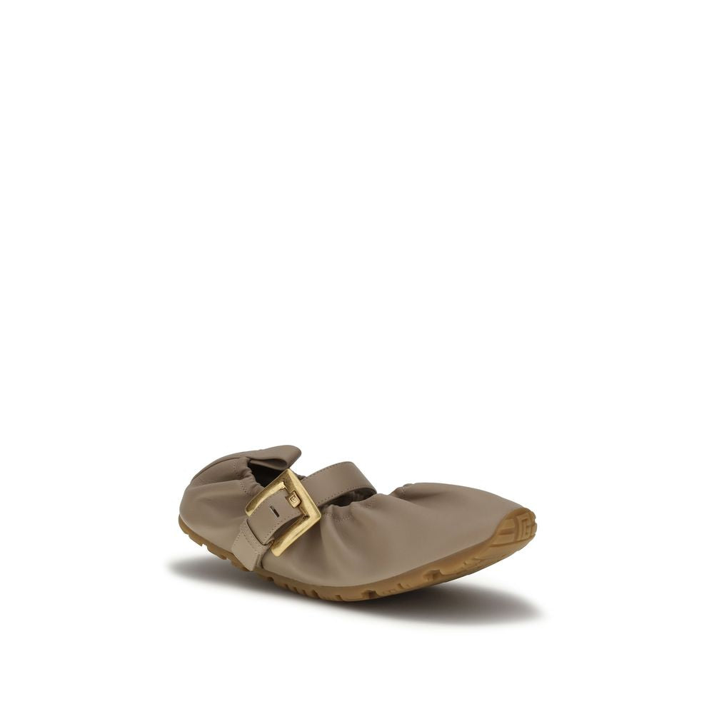 Balmain Beige Buckle Strap Ballerinas Mini Flats