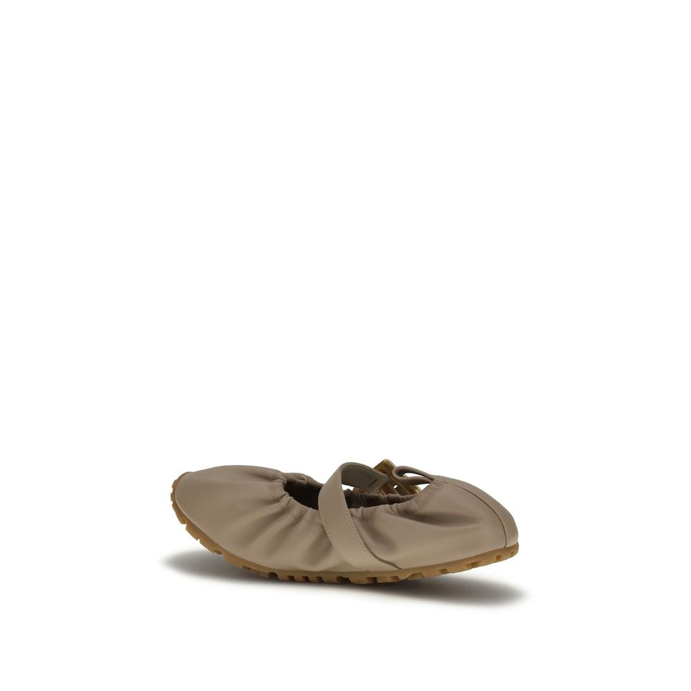 Balmain Beige Buckle Strap Ballerinas Mini Flats