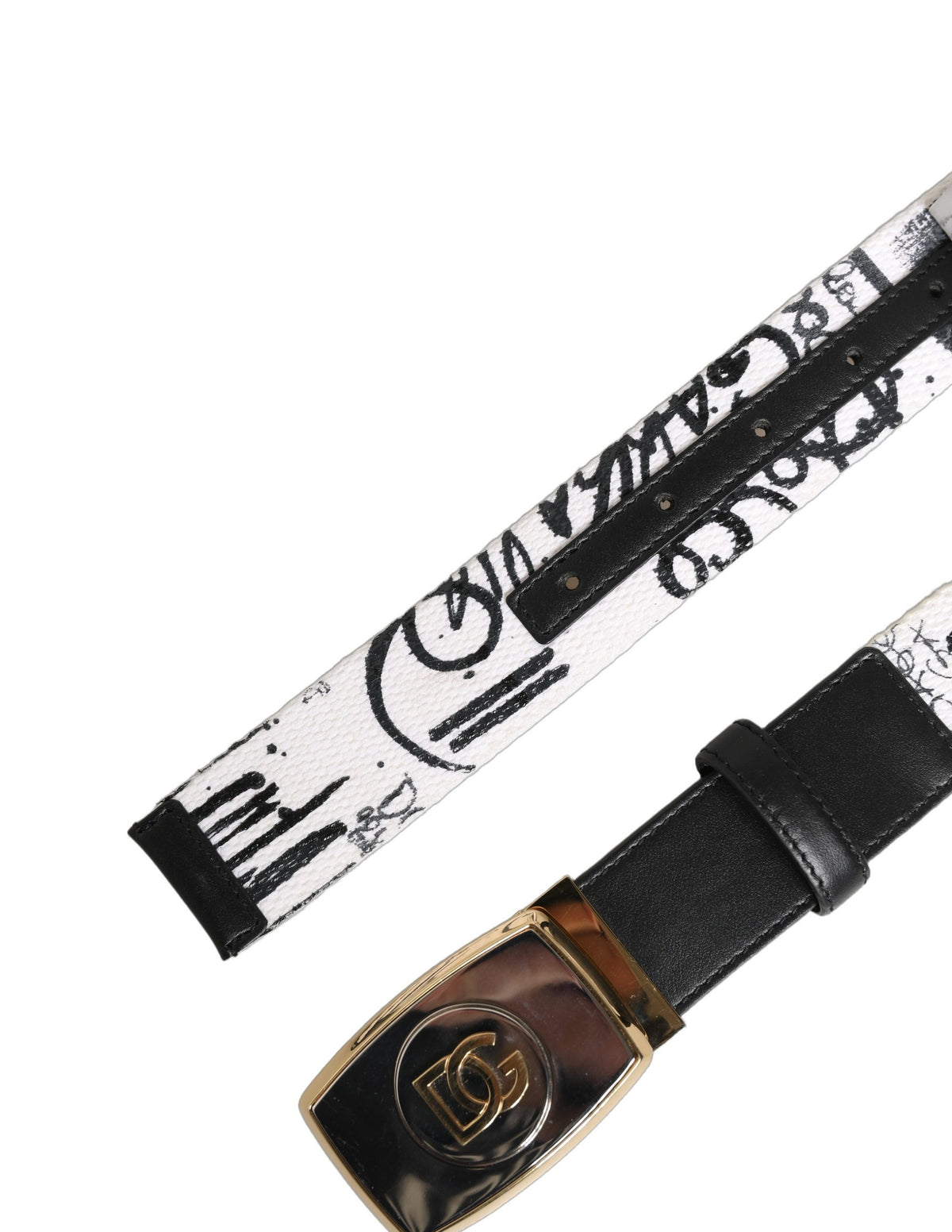Dolce & Gabbana White Graffiti Print Gold Metal Buckle Belt weiss