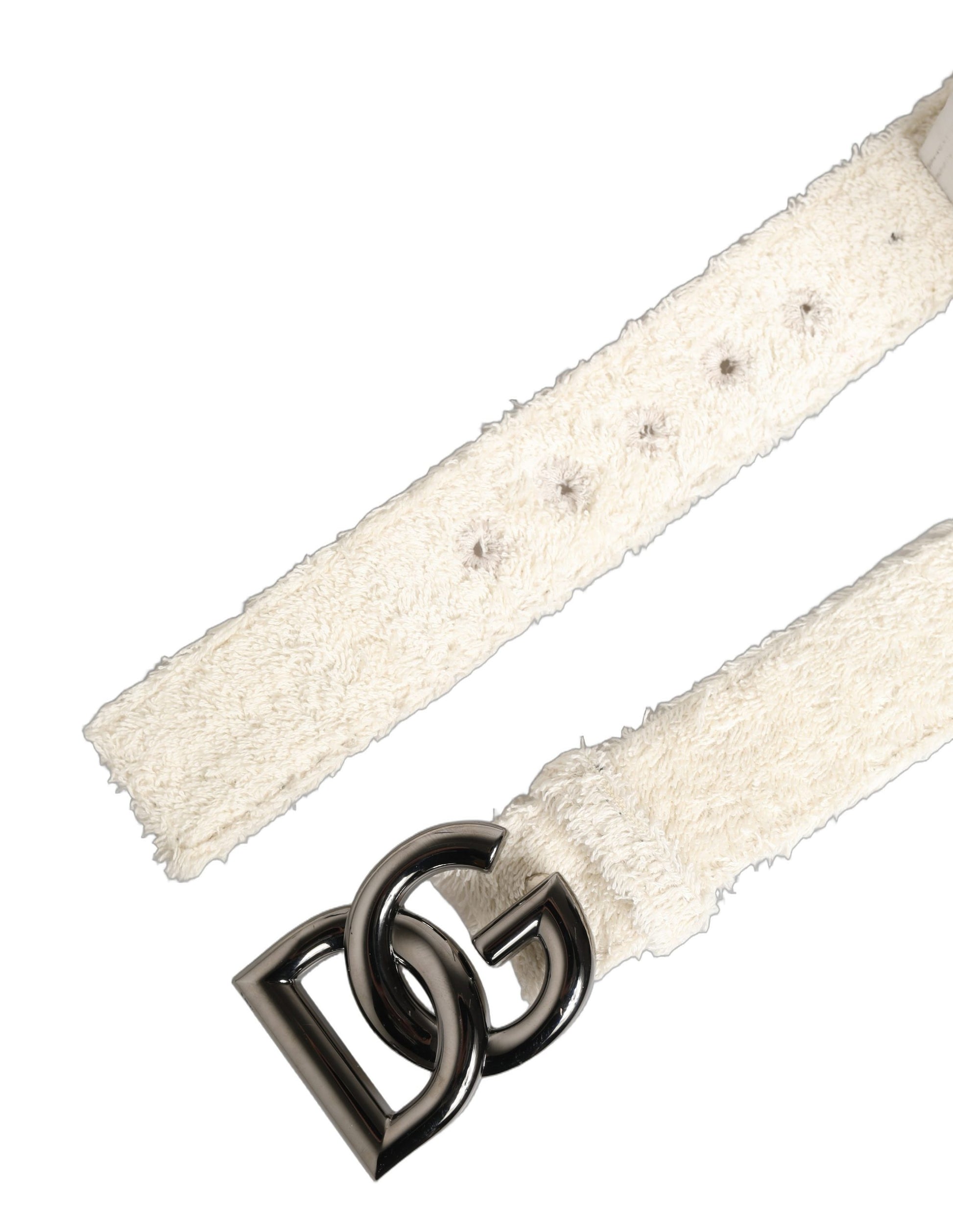 Dolce & Gabbana White Cotton Fleece DG Logo Metal Buckle Belt Curated Luxury Accessories by Orvyn
