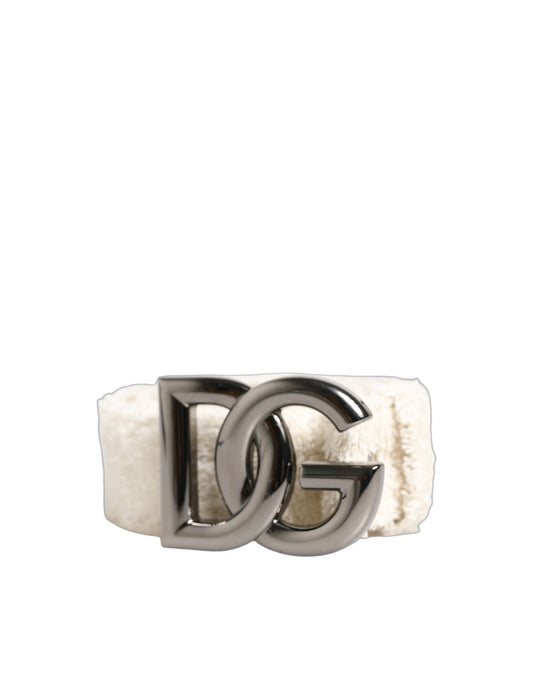 Dolce & Gabbana White Cotton Fleece DG Logo Metal Buckle Belt Curated Luxury Accessories by Orvyn