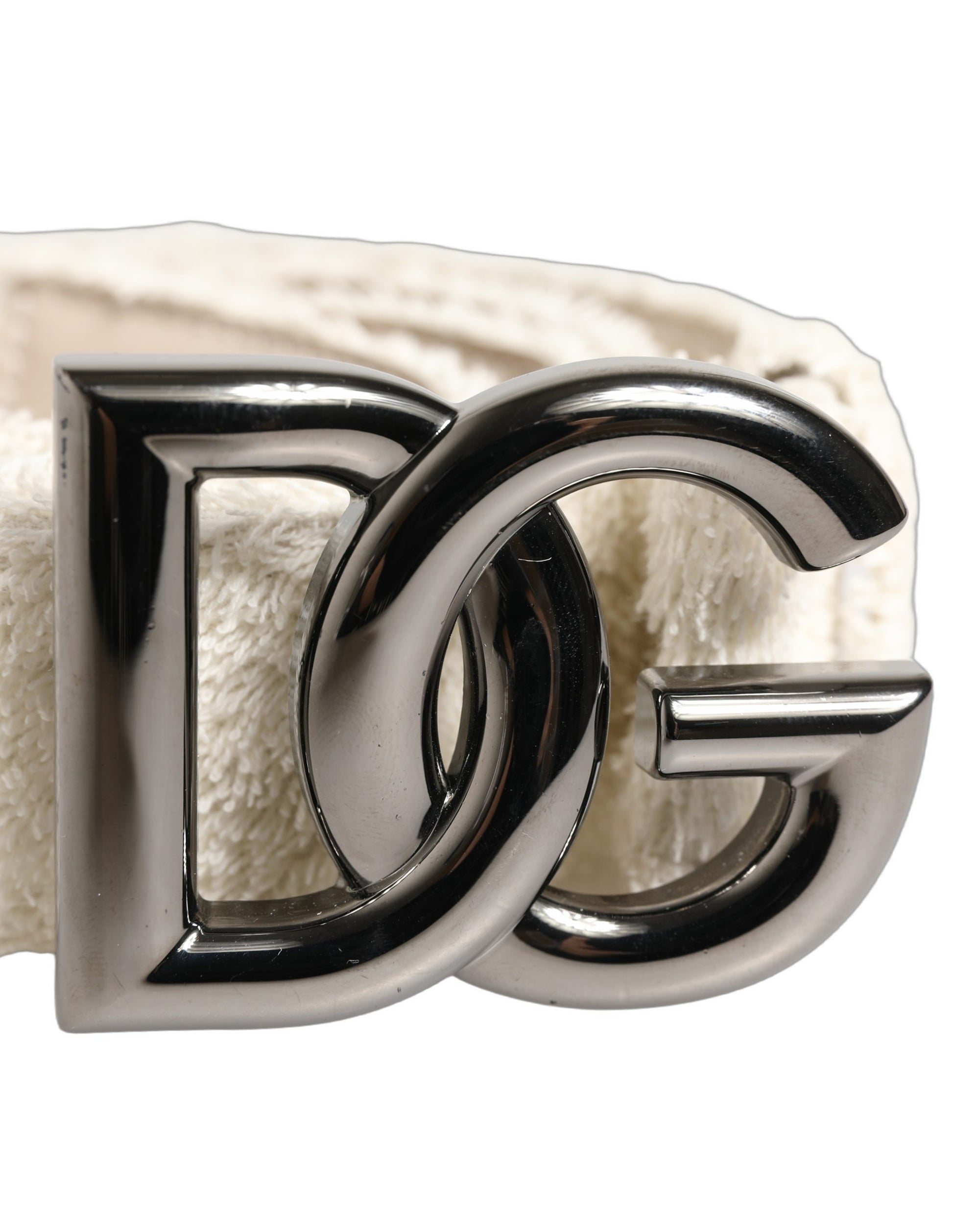 Dolce & Gabbana White Cotton Fleece DG Logo Metal Buckle Belt Curated Luxury Accessories by Orvyn