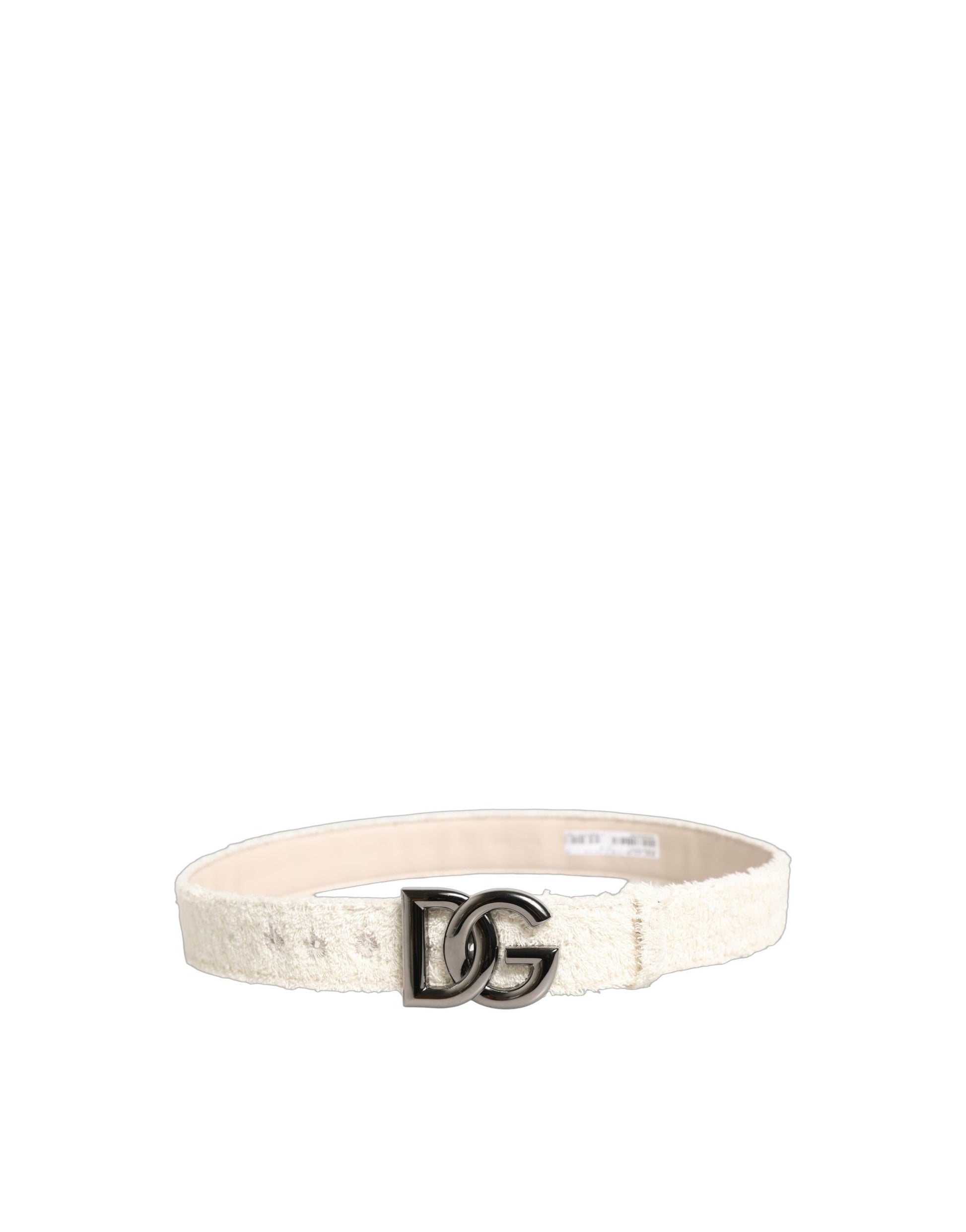 Dolce & Gabbana White Cotton Fleece DG Logo Metal Buckle Belt Curated Luxury Accessories by Orvyn