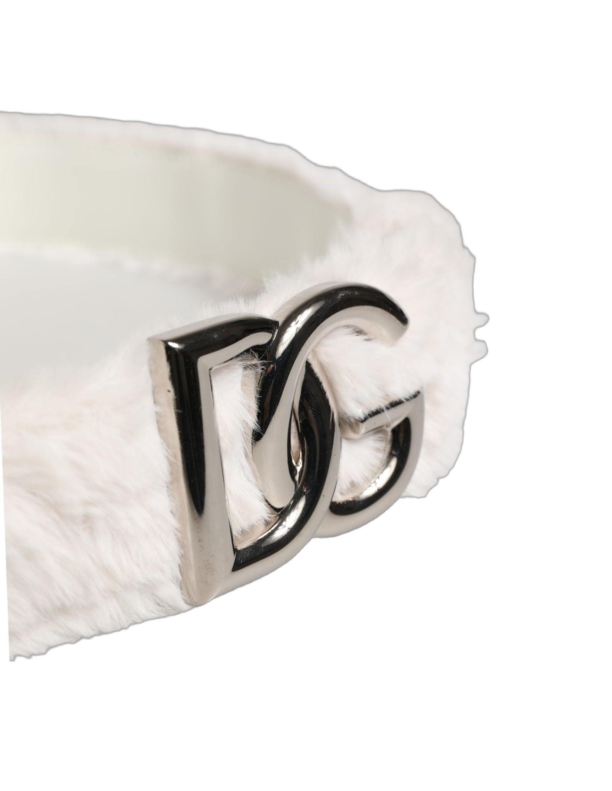 Dolce & Gabbana White Fleece Silver DG Logo Metal Buckle Belt Curated Luxury Accessories by Orvyn
