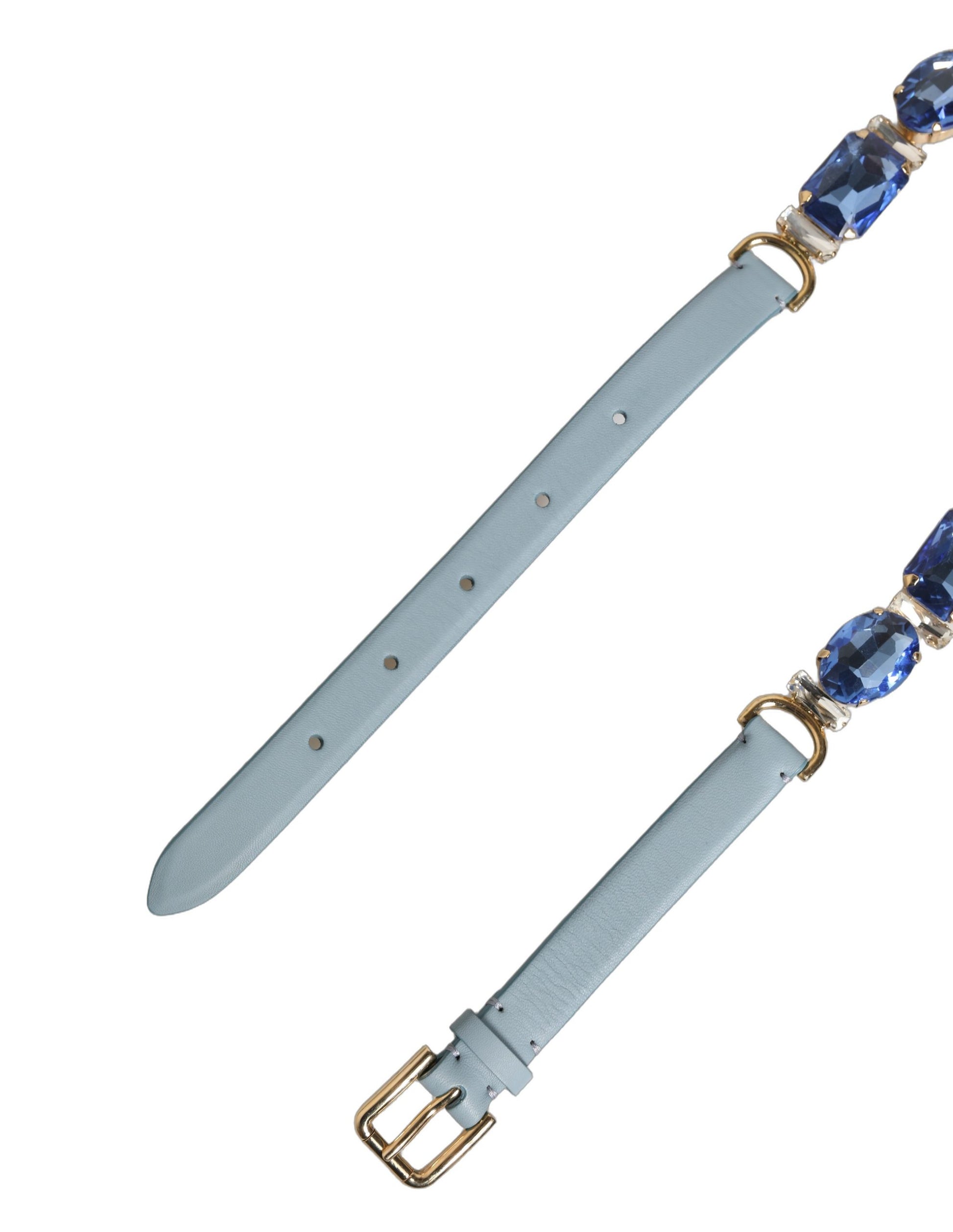 Dolce & Gabbana Blue Leather Crystal Chain Embellished Belt Curated Luxury Accessories by Orvyn