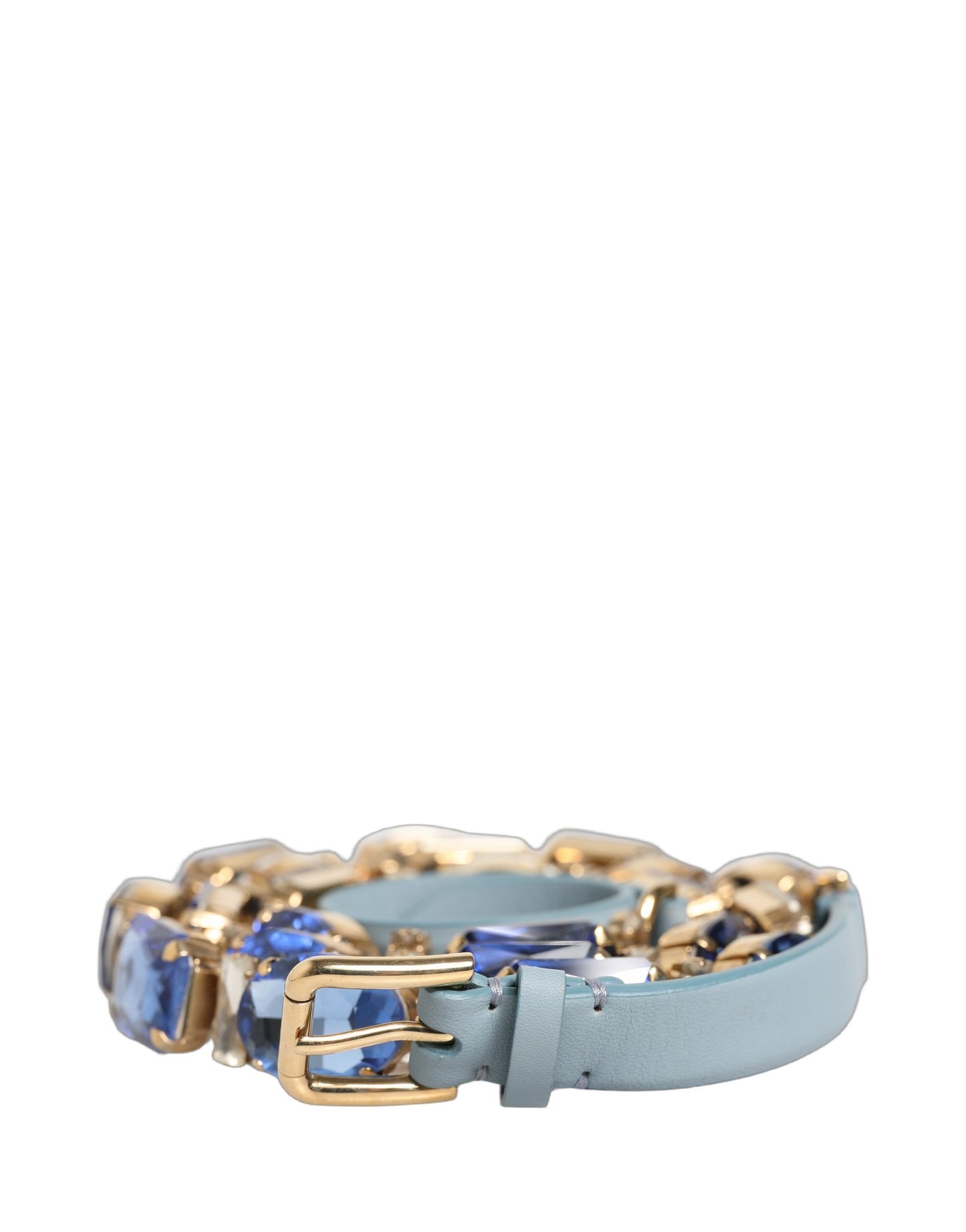 Dolce & Gabbana Blue Leather Crystal Chain Embellished Belt Curated Luxury Accessories by Orvyn
