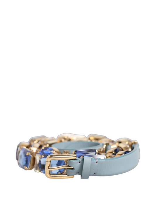 Dolce & Gabbana Blue Leather Crystal Chain Embellished Belt Curated Luxury Accessories by Orvyn