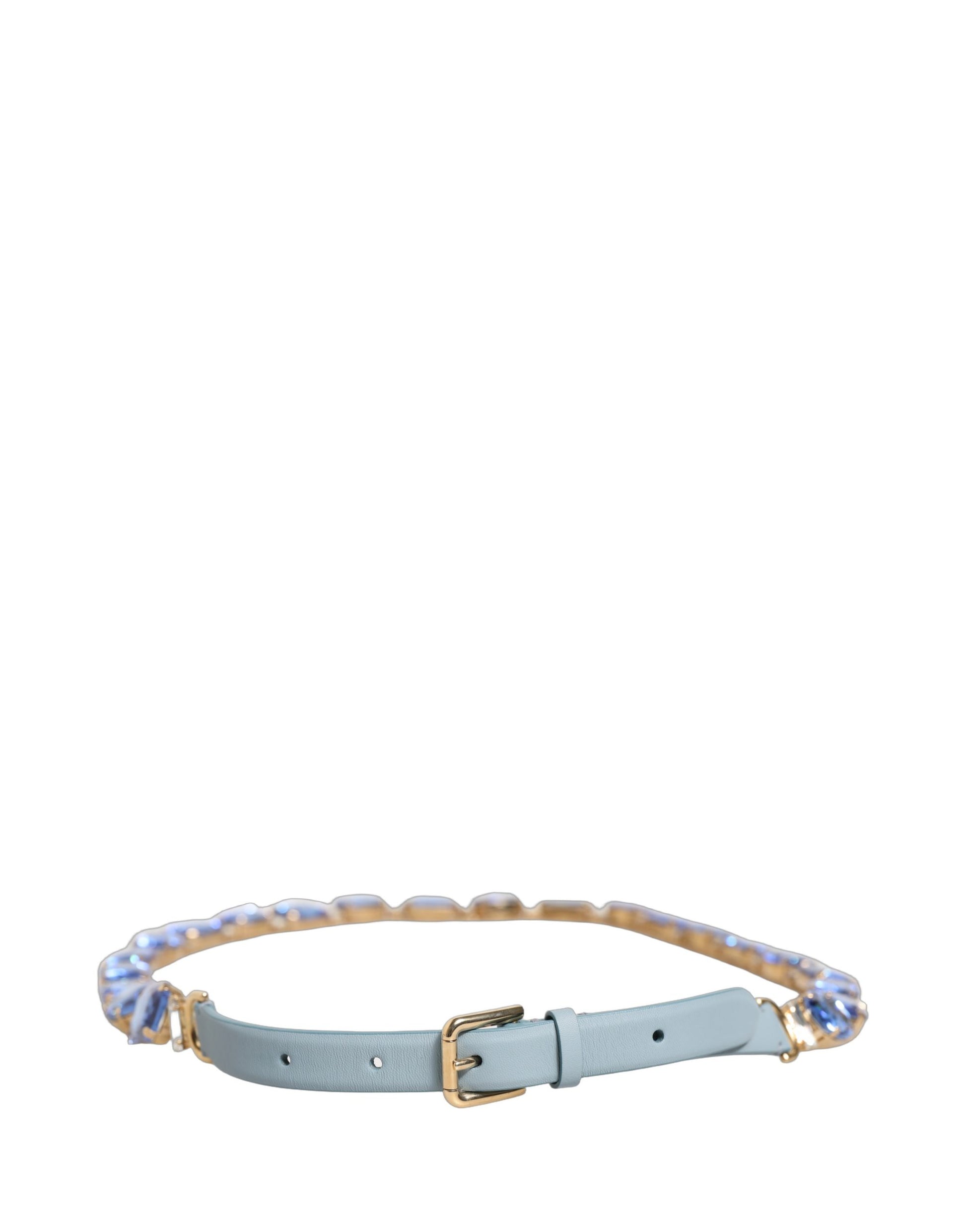 Dolce & Gabbana Blue Leather Crystal Chain Embellished Belt Curated Luxury Accessories by Orvyn