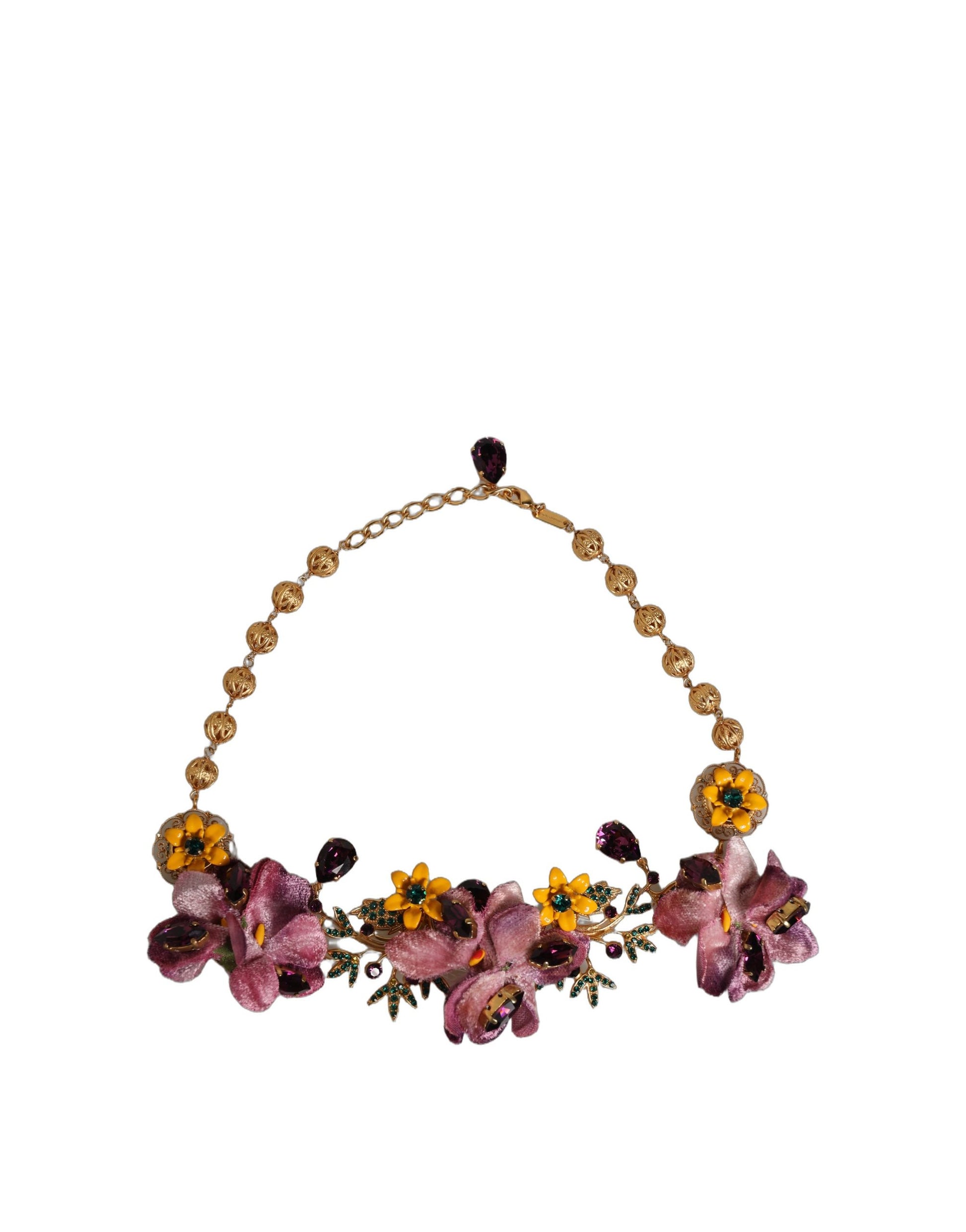 Dolce & Gabbana Gold Brass Mix Fiori Flowers Crystal Chain Necklace Curated Luxury Accessories by Orvyn