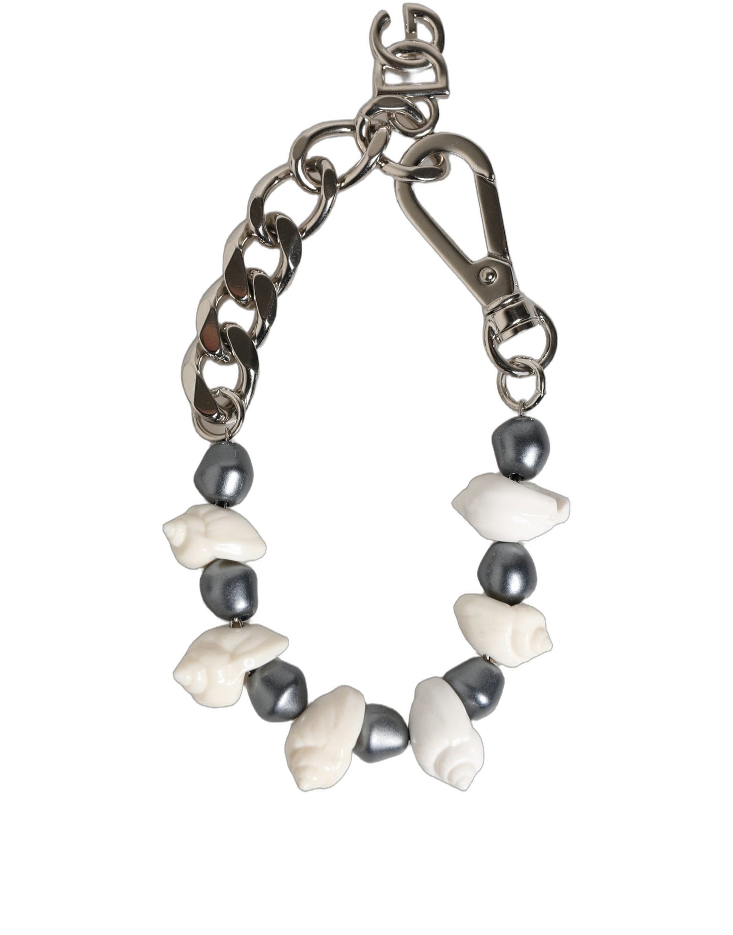 Dolce & Gabbana Silver Tone Brass Beaded Shell DG Logo Pendant Bracelet Curated Luxury Accessories by Orvyn