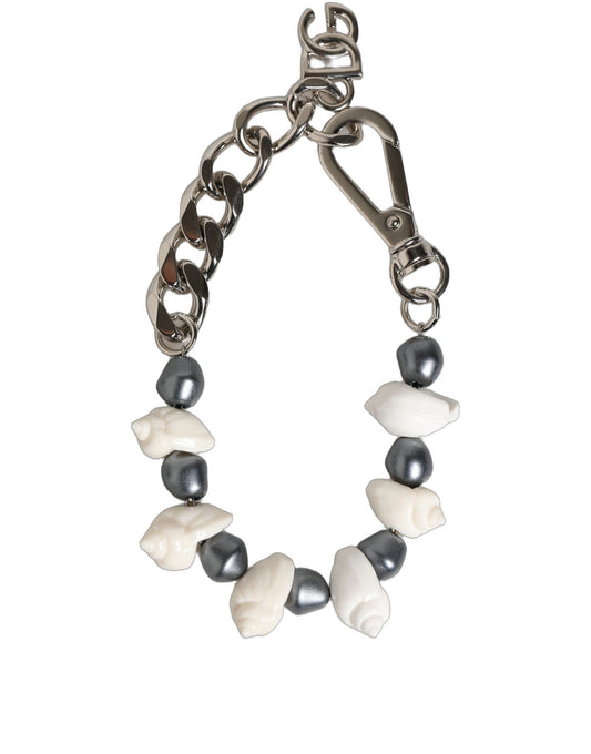 Dolce & Gabbana Silver Tone Brass Beaded Shell DG Logo Pendant Bracelet Curated Luxury Accessories by Orvyn