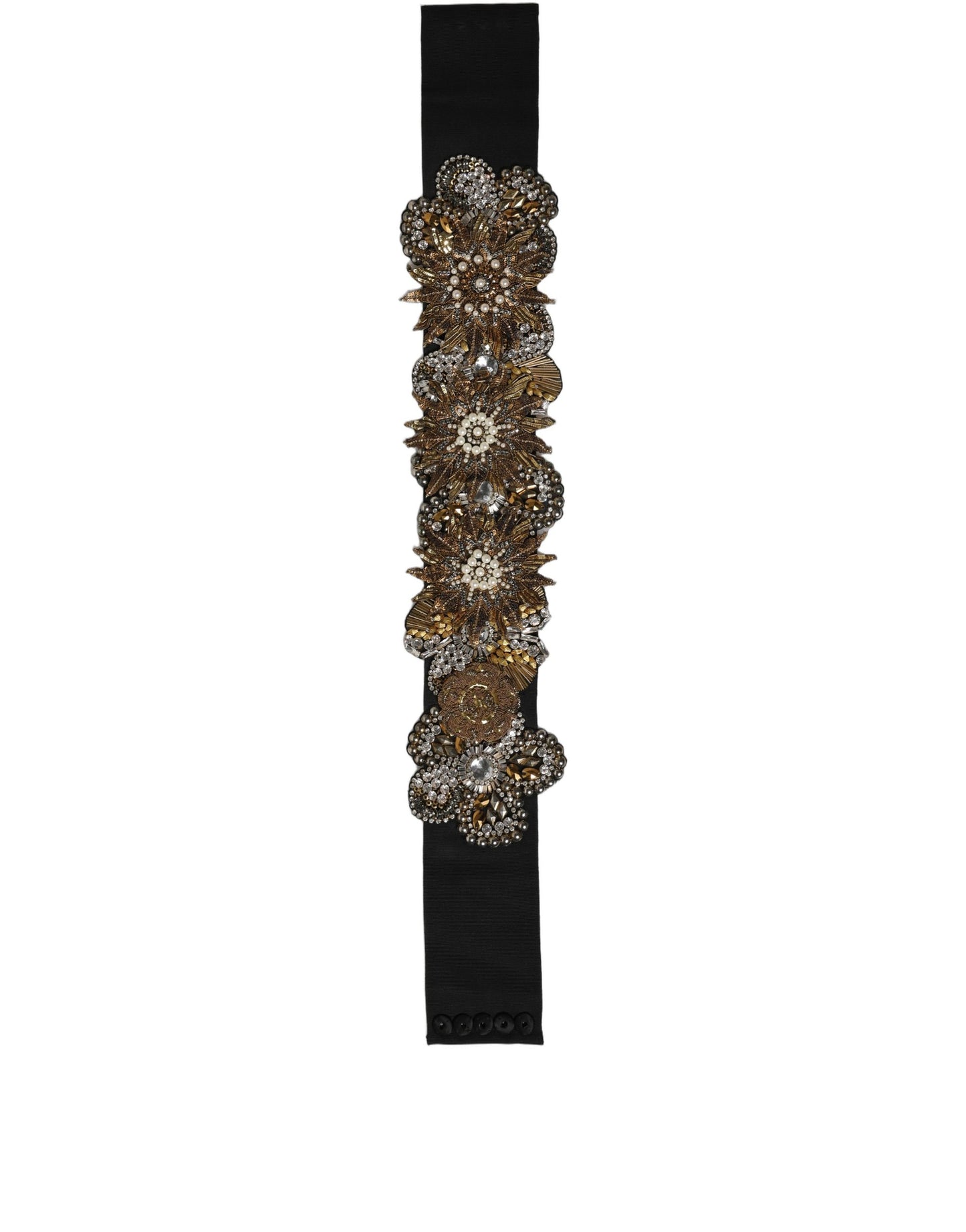Dolce & Gabbana Black Gold Tone Crystal Brass Flower Brooches Belt Curated Luxury Accessories by Orvyn